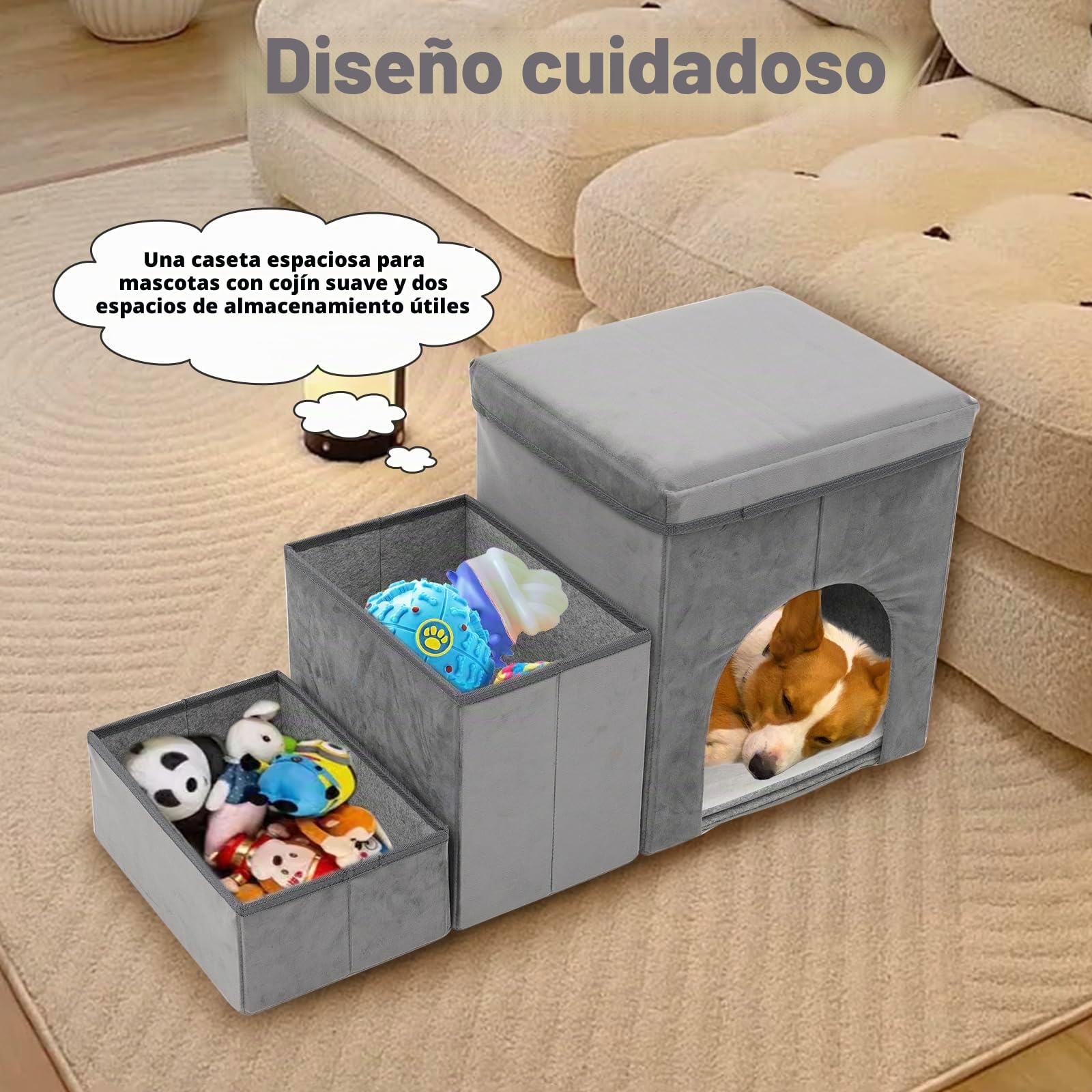 Escalera para Perros de 3 Niveles para Perros Pequeños,con Espacio de Almacenamiento para Cama,Sofá,40 cm de Alto,Escalera para Gatos Viejos,Esponja para Mascotas,Gris y Azul