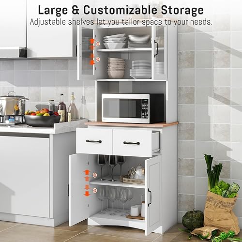 Miniatura 3 de Armario de despensa de cocina de 67 pulgadas con puertas y cajones de cristal, estantes ajustables, anti-punta, soporte de microondas que ahorra