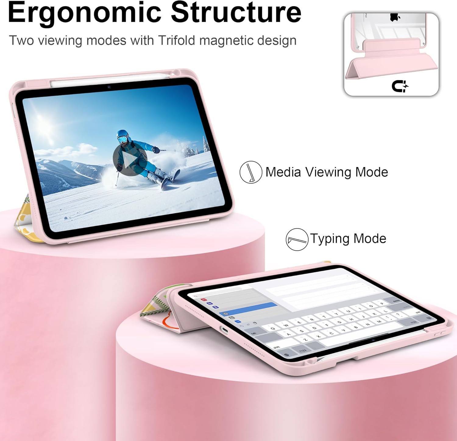 Case for iPad (A16) 11th Generation 11 inch 2025 /iPad 10th Gen 10.9 2022- Cute Patterns Pink Cover with Clear Back Shell Auto Wake Sleep Trifold Stand & Pencil Holder, Creative Collage