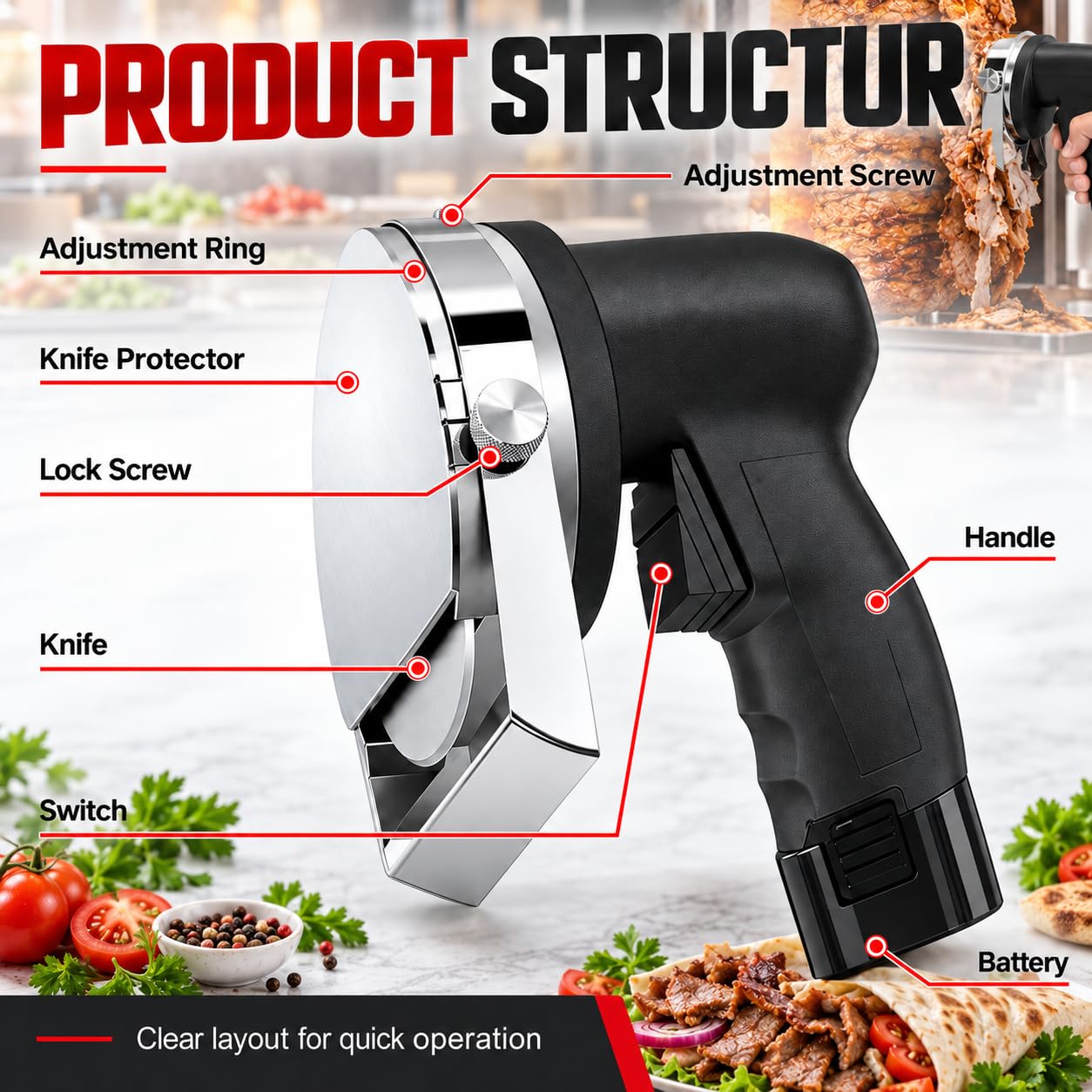 Affettatrice Kebab elettrica, 80 W, Senza Fili, Spessore da 1-8 mm