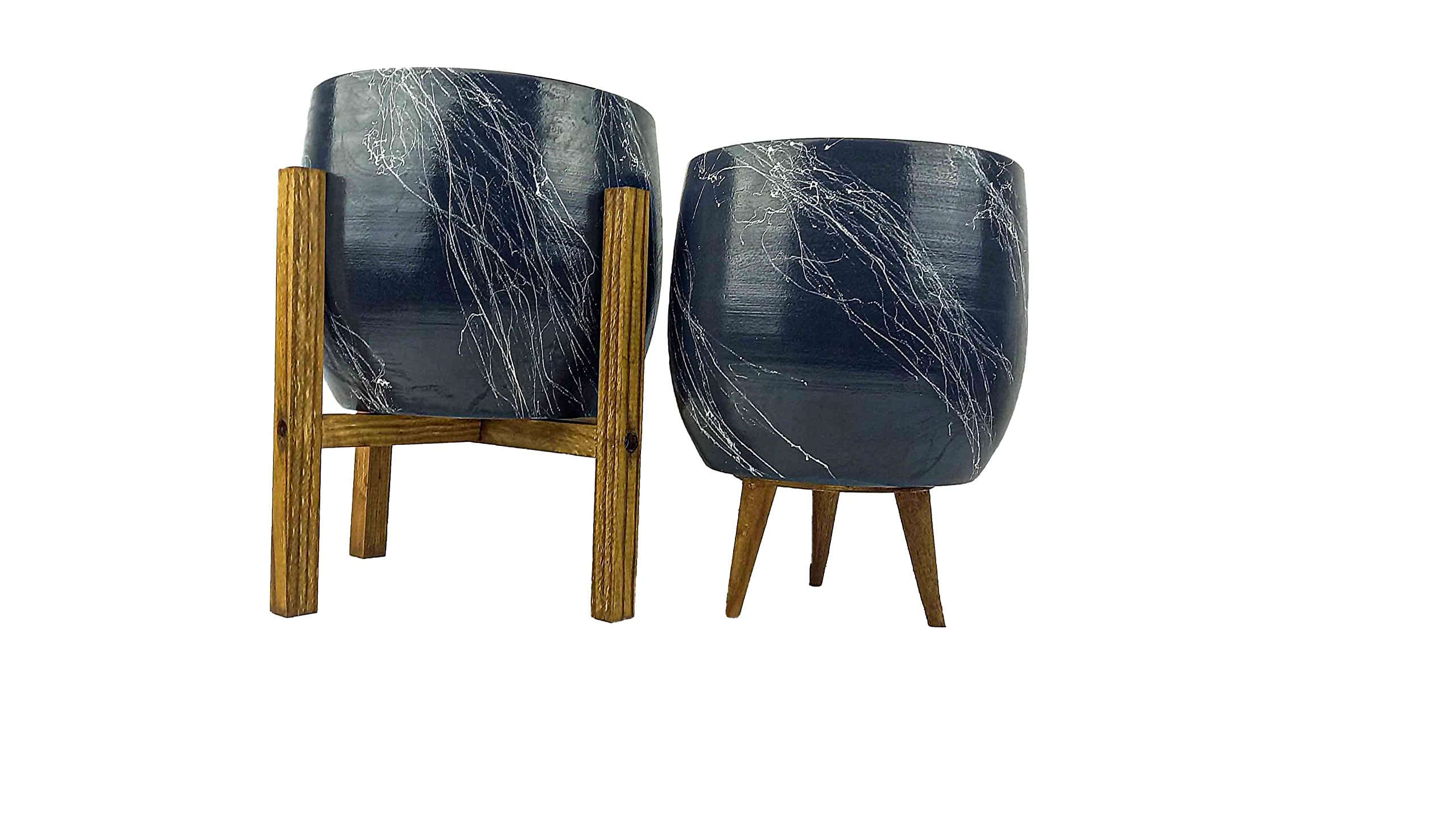 Bitki Tasarımı Ev Dekorasyon Aksesuar Gri Üzeri Beyaz Mermer Efektli Toprak Saksı Saksılık Salon Çiçeklik İkili Set 3 Ayaklı- 4 Ayaklı- 19 CM