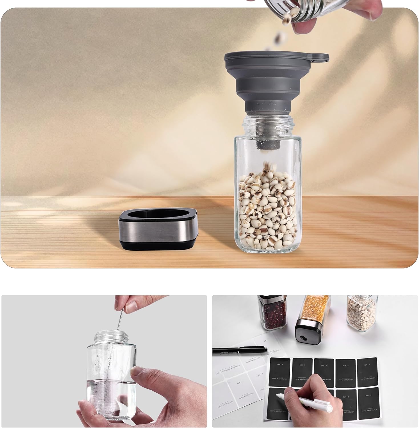 Scaffale per Spezie Rotante 360° a Doppio Piano, Acciaio Inox, 12 Barattoli 120ml, 3 Uscite di Dosaggio, Montaggio Non Necessario, Dispenser Spezie Girevole per Cucina