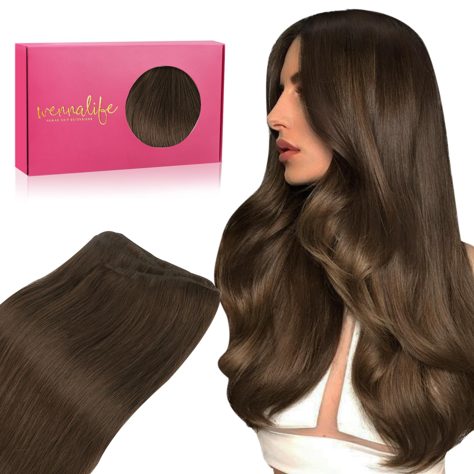 WENNALIFE Sew in Hair Extensions Real Human Hair, 18 Inch 90g Chocolate Brown Machine Weft Remy Hair Hand Tied Weft Straight Extensiones De Cabello