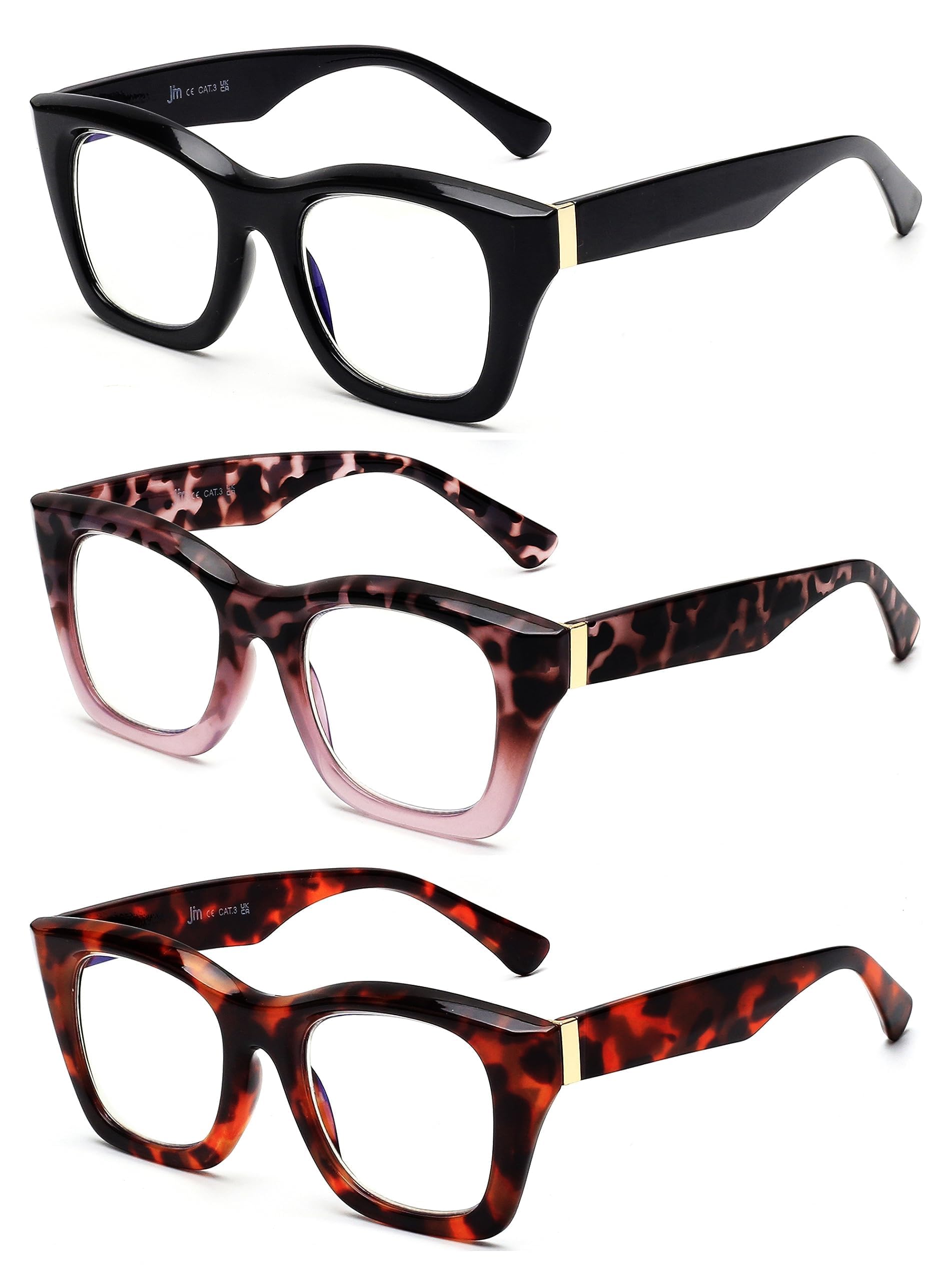 JM 3 Pack Gafas de lectura cuadradas de gran tamaño para mujeres, lectores de computadora con bloqueo de luz azul estilo Oprah de moda