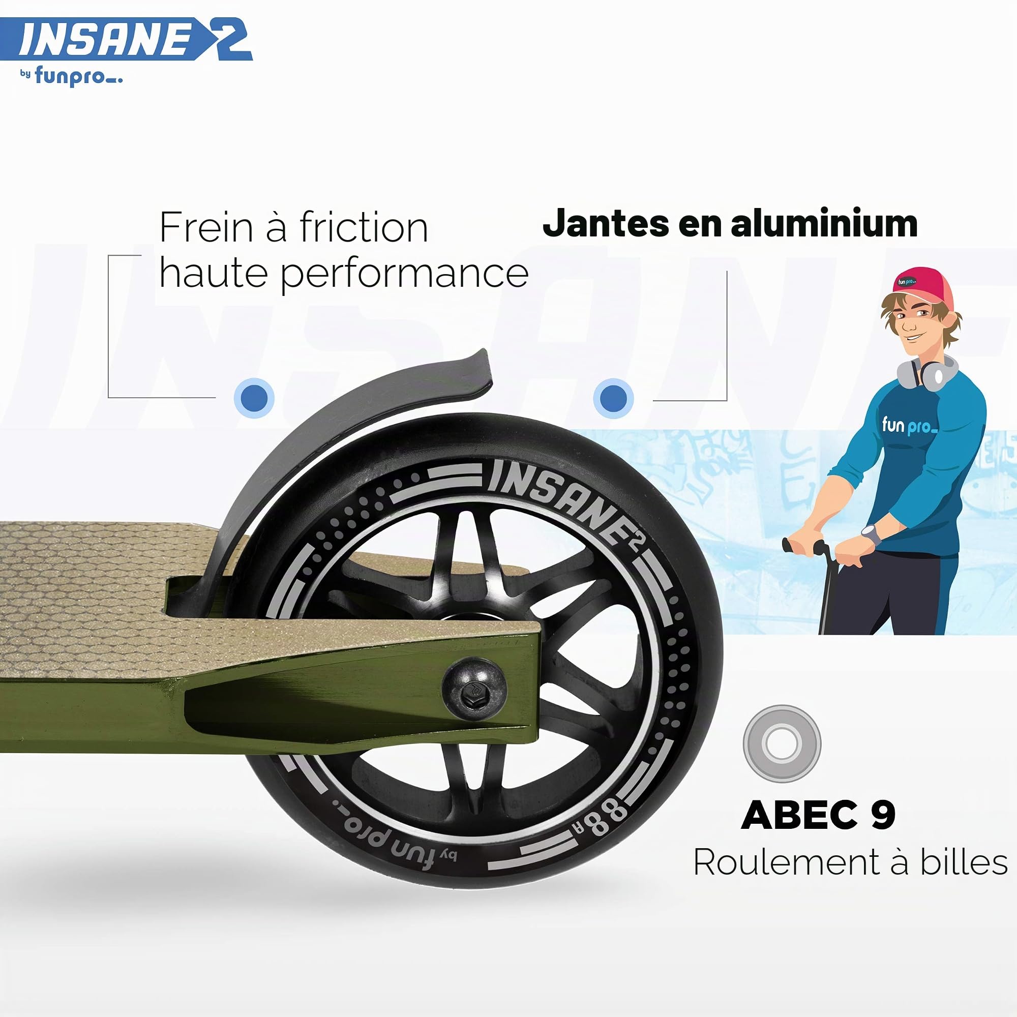 Fun Pro Trottinette Insane2, Freestyle avec Roulements ABEC 9, Grip, Roues Aluminium 110 mm, Pour Enfants et Adultes, jusqu'à 100 kg, Jungle