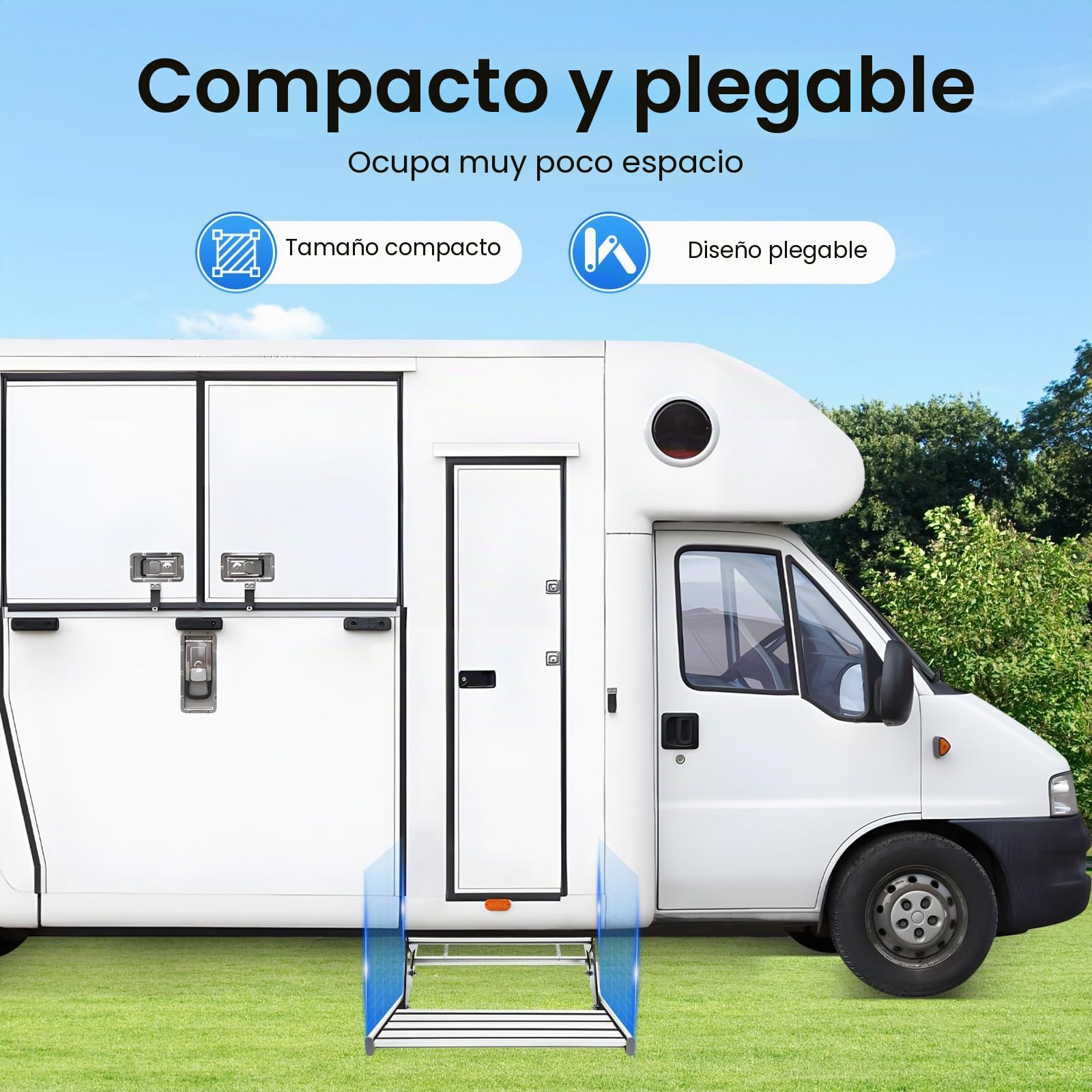 Peldaños para caravana Trittstufe manual para autocaravana plegable Camper Stufe de entrada Trittstufe con capacidad de hasta 150 kg RV Schritt con tiras antideslizantes
