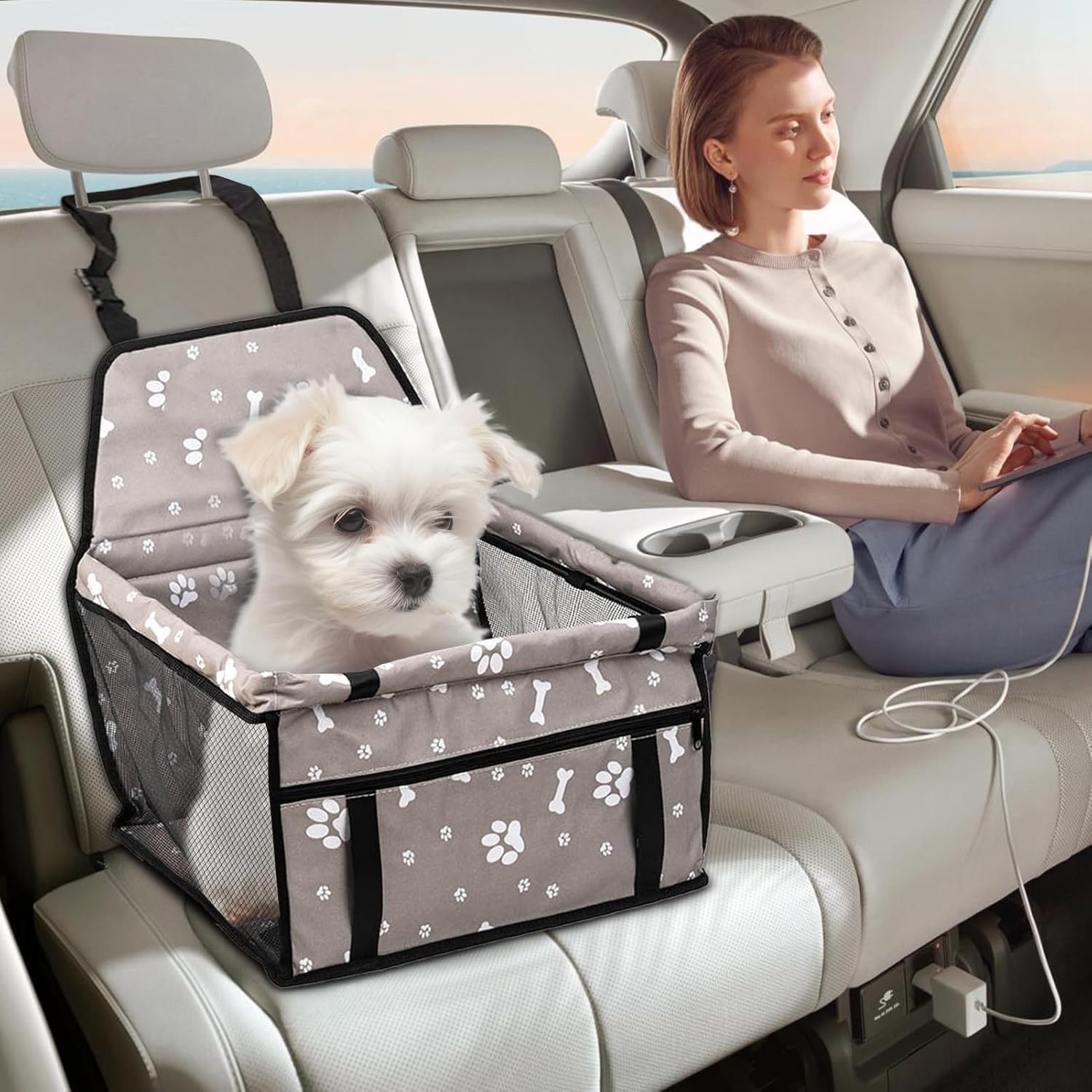Small Dog Car Seat | Pet Car Seat & Travel Bed with Pockets - Waterproof Pet Accessories for Long Trips To Vet To Park And In 3