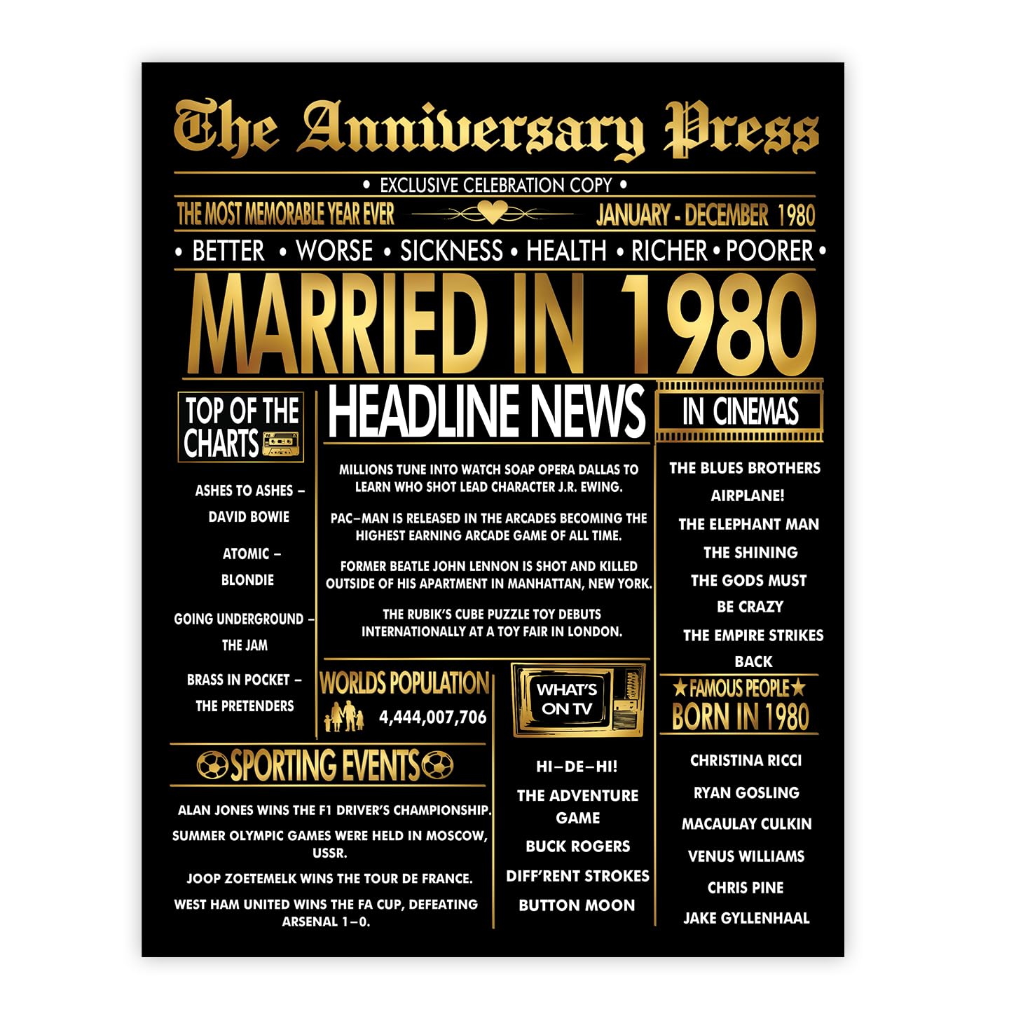 Stuff4 Gold 46th Anniversary Poster Unframed - Golden Married In 1980 Newspaper - 46 Wedding Anniversary for Men Women Vintage Gifts Back In 1980, 8x10 Inch Anniversaries Posters