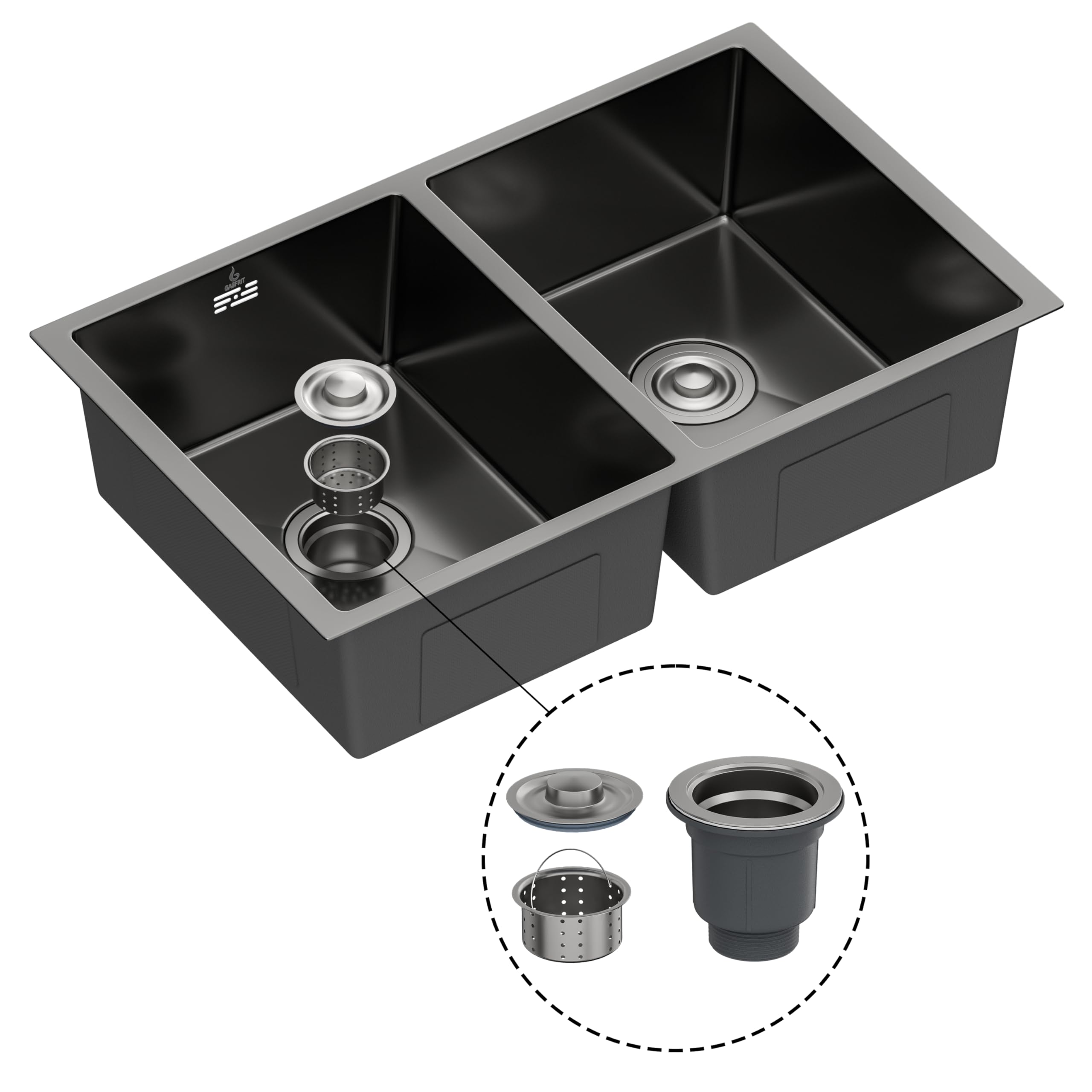 Fregadero de Cocina Doble Seno 760x470 mm, 2 Cubetas 200 mm Altura, Sobre Encimera, Desagüe Ø110 mm (Negro)