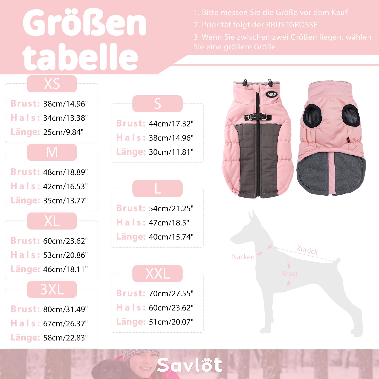 Savlot Wasserdicht Hundemantel Kaltes Wetter Winter Warme Jacke für Kleine Mittlere Große Hunde Hundepullover mit Fleece Gefütterte Reflektierend Welpen Winterweste Haustierbekleidung