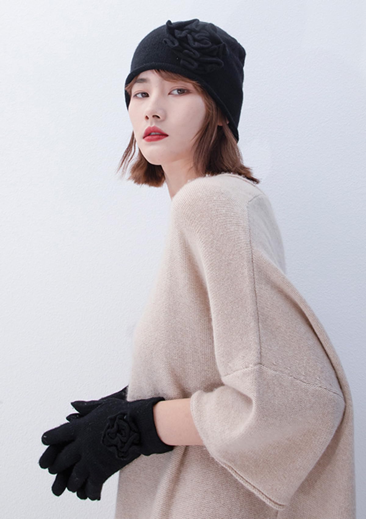 Mujer Conjunto de Gorro Beanie y Guantes de Punto, 100% Cachemira Suave Cálido Sombrero Tejido y Manopla de Dedos Completo con Flor de Ganchillo Hecho a Mano, Invierno 2 en 1 Conjunto Regalo