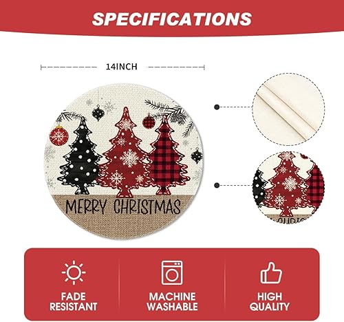 Miniatura 6 de Artoid Mode Juego de 4 manteles individuales redondos con diseño de árbol de Navidad, copos de nieve, de Navidad, de 14 pulgadas, para decoración de