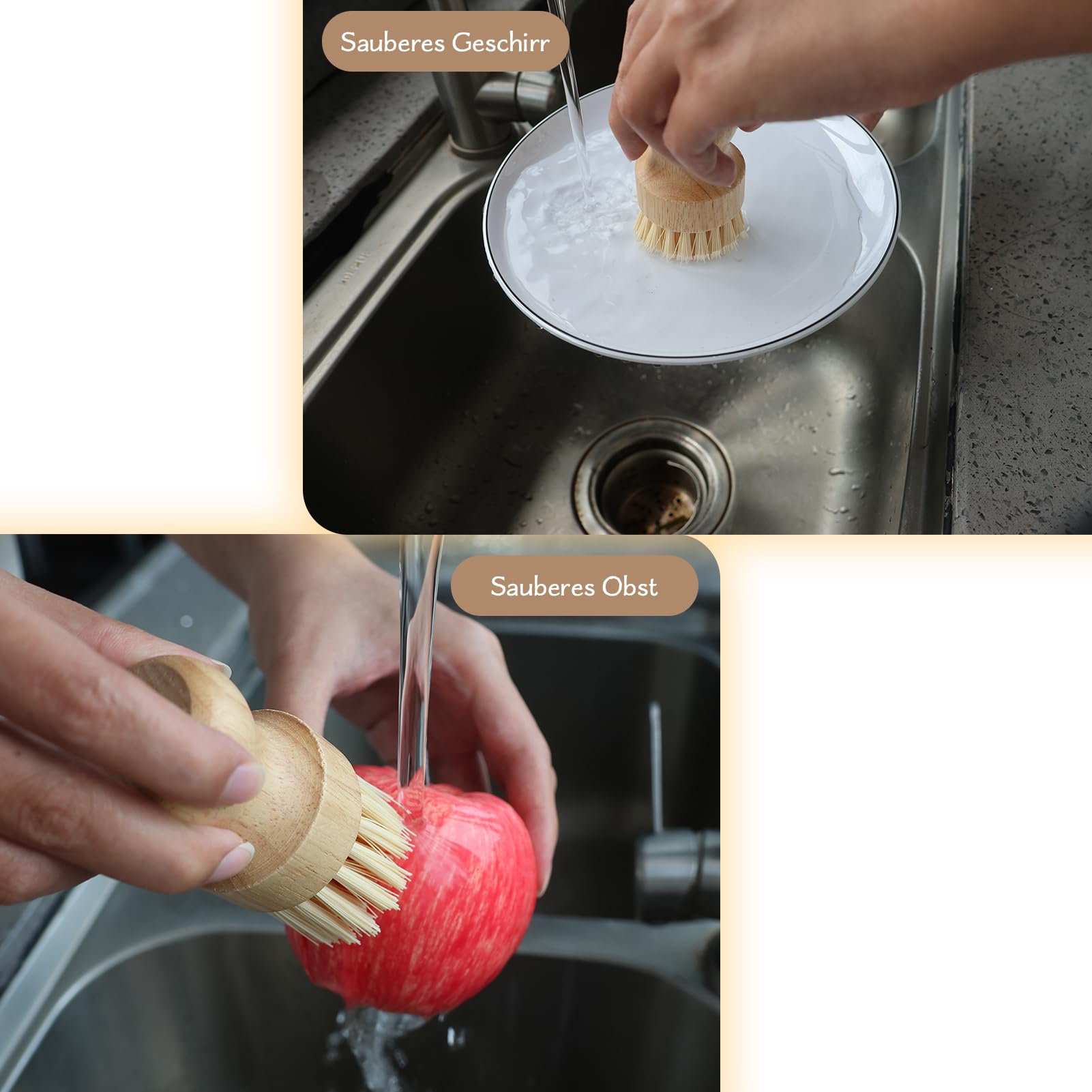 2 Piezas Madera Cepillo para Verduras, Cepillo de Cocina de Madera con bambú,Cepillo Fregar Platos para champiñones,Lavar los Platos