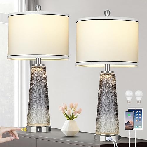 Glass Table Lamp Set of 2, 26" Modern Table Lamps with USB A+C Ports & AC Outlet, Touch Control Bedside Nightstand Lamp with LED Night Light for