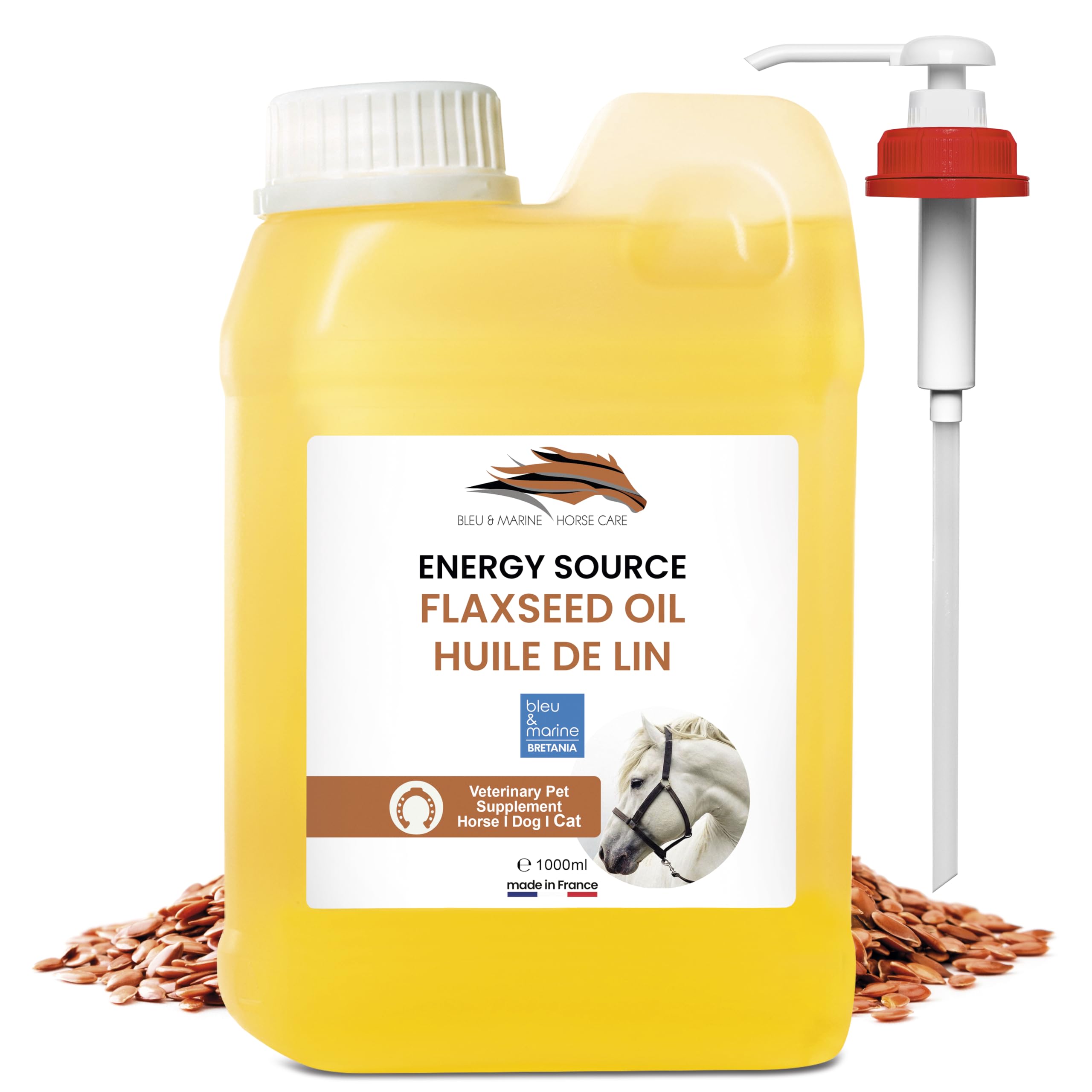 Bleu & Marine Bretania - Huile de Lin 100% Pure, Supplément pour Chevaux, Chiens, Chats | Anti-Inflammatoire, Soins Peau, Pelage, Digestif, 1000 ML Dosage Facile