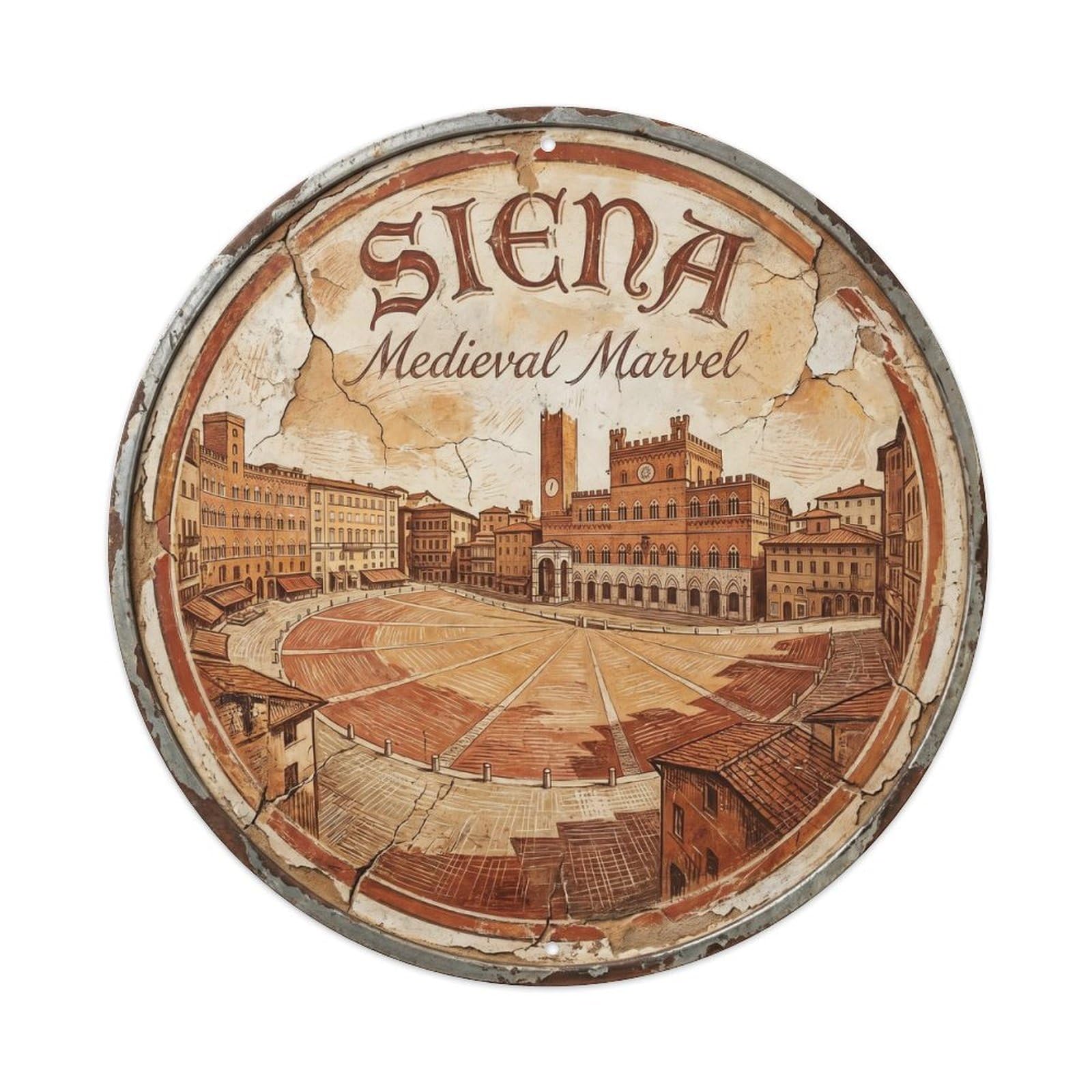 Yrnq Vintage Style Vintage Travel Siena Square Italy Vintage Metal Tin Sign Plaque Wall Decor For Cafe, Club, Garden Round Metal Poster 8X8inch