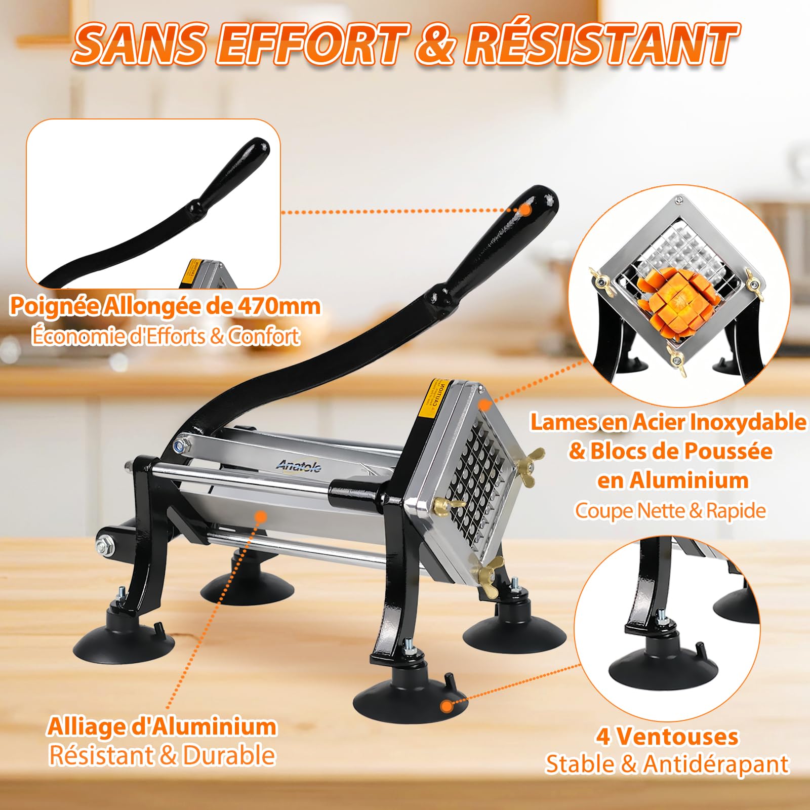 Anatole Coupe-Frites Professionnel avec 8mm 10mm 12mm Lames en Acier Inoxydable Trancheuse de Légumes Manuel Coupe Pommes de Terre Frites Commerciale pour Oignon Carotte Concombre