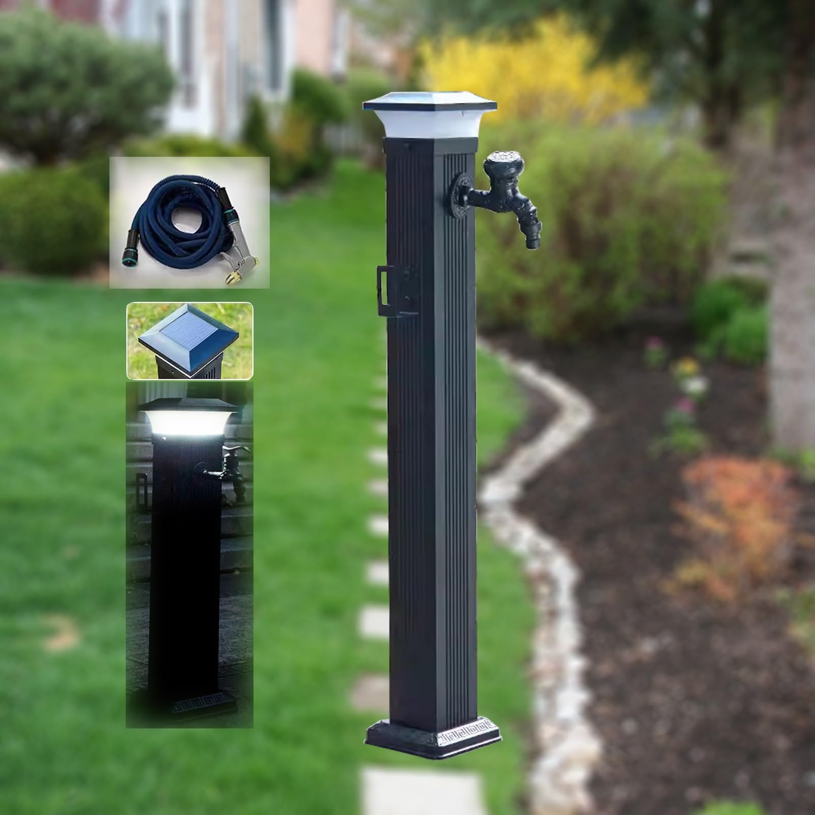 WOTZOV Outdoor Solar Led Light For Faucet - Freeze-Proof Water Column Garden Spigot Hydrant, Ideal For Winter Safety And Decoration，With Short Faucet+spray Gun