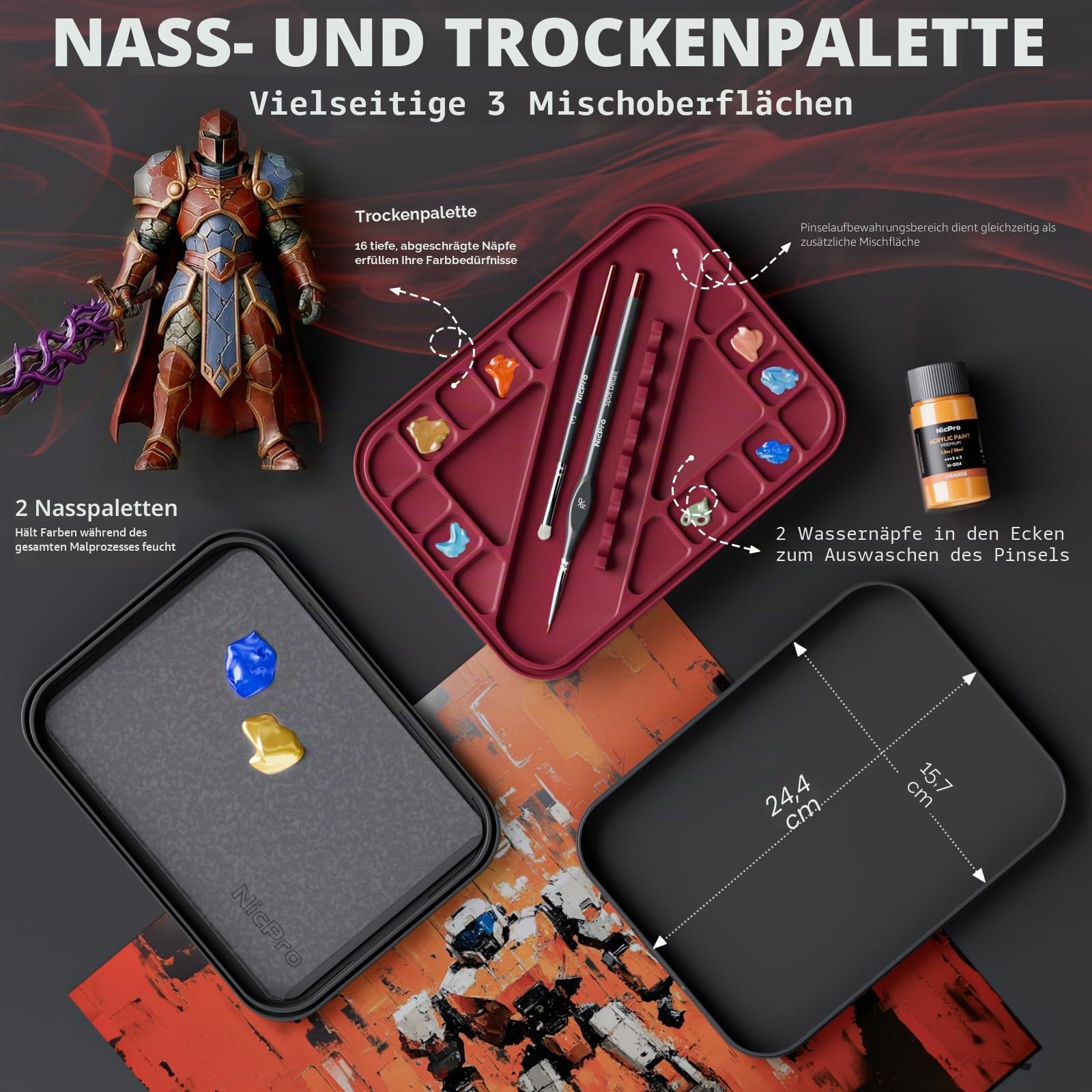 Nicpro Professionelles Miniatur-Malset: Wet Palette, 16 Feine Pinsel, Dry Brush mit Nylontasche, 100 Palettenpapier, 4 Schwämme, Farbmischpalette für Miniaturmodelle | Stay Wet Palette, 16 x Detail-Pinsel, Trockenpinsel mit Nylontasche, 100 x Palettenpapi