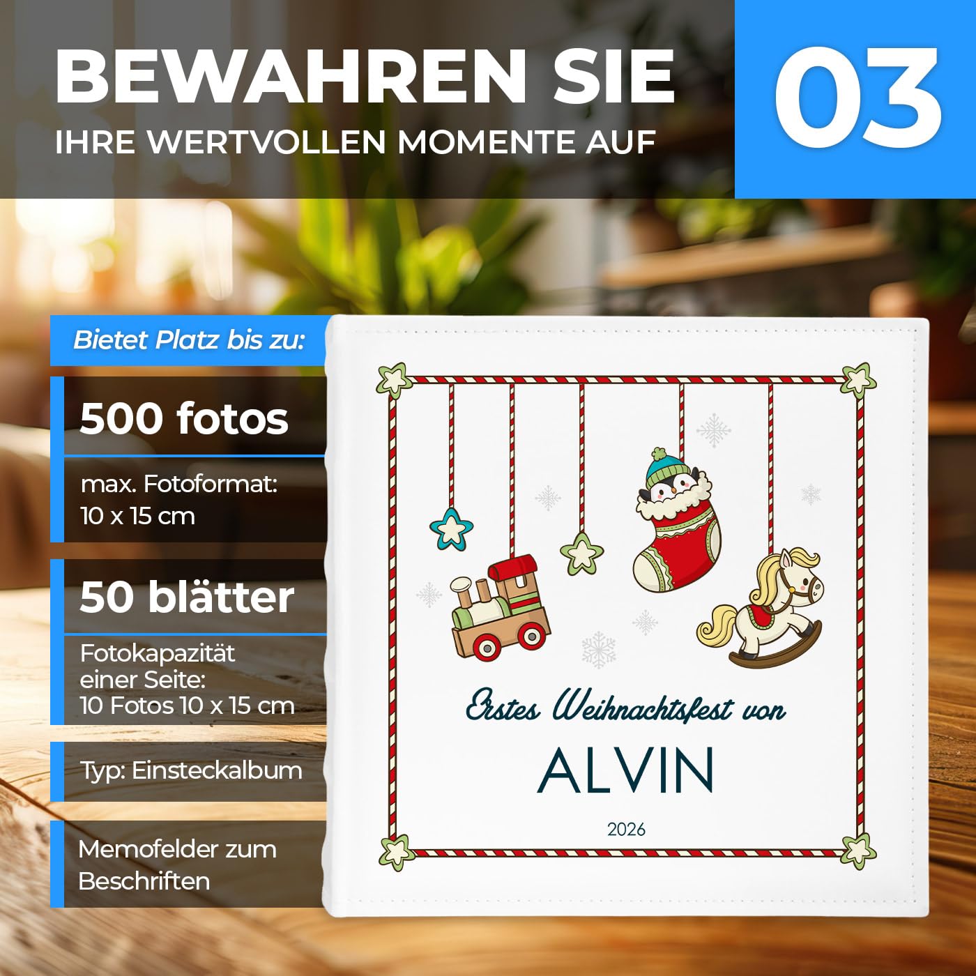 Maverton Einsteckalbum mit Aufdruck - Fotoalbum zum Einstecken für 500 Fotos 10x15 cm - 33x33cm - Weiß - Weihnachtsgeschenke für Frauen und Männer - personalisierte Geschenke zu Weihnachten