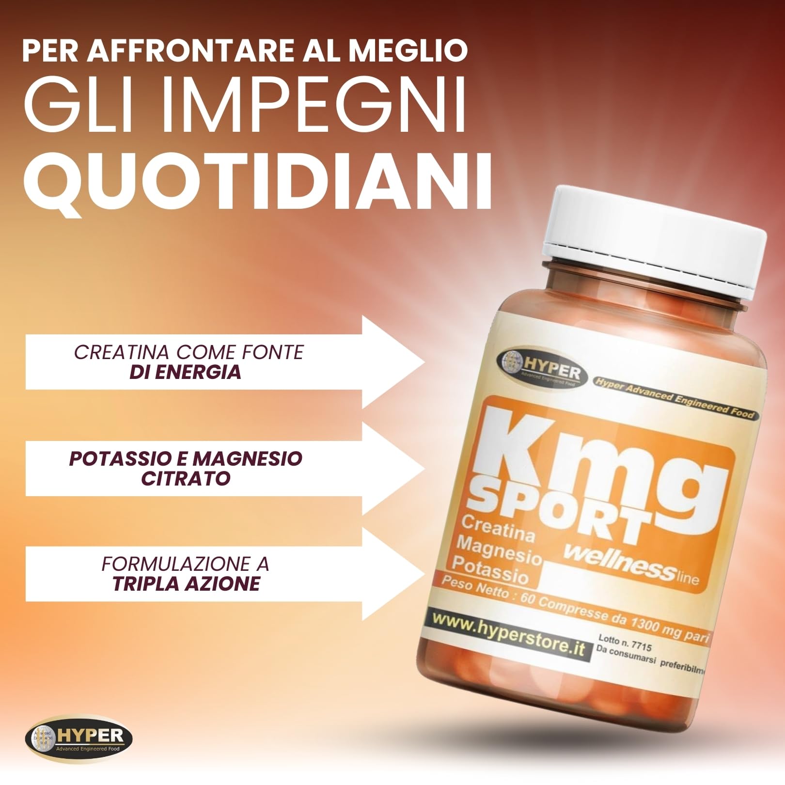 Hyper kmg Integratore Sport 5 x 60 Cpr - Integratori Stanchezza con Creatina, Magnesio e Potassio - Integratore Palestra Energetico Combatte Stanchezza ed Affaticamento - Made in Italy