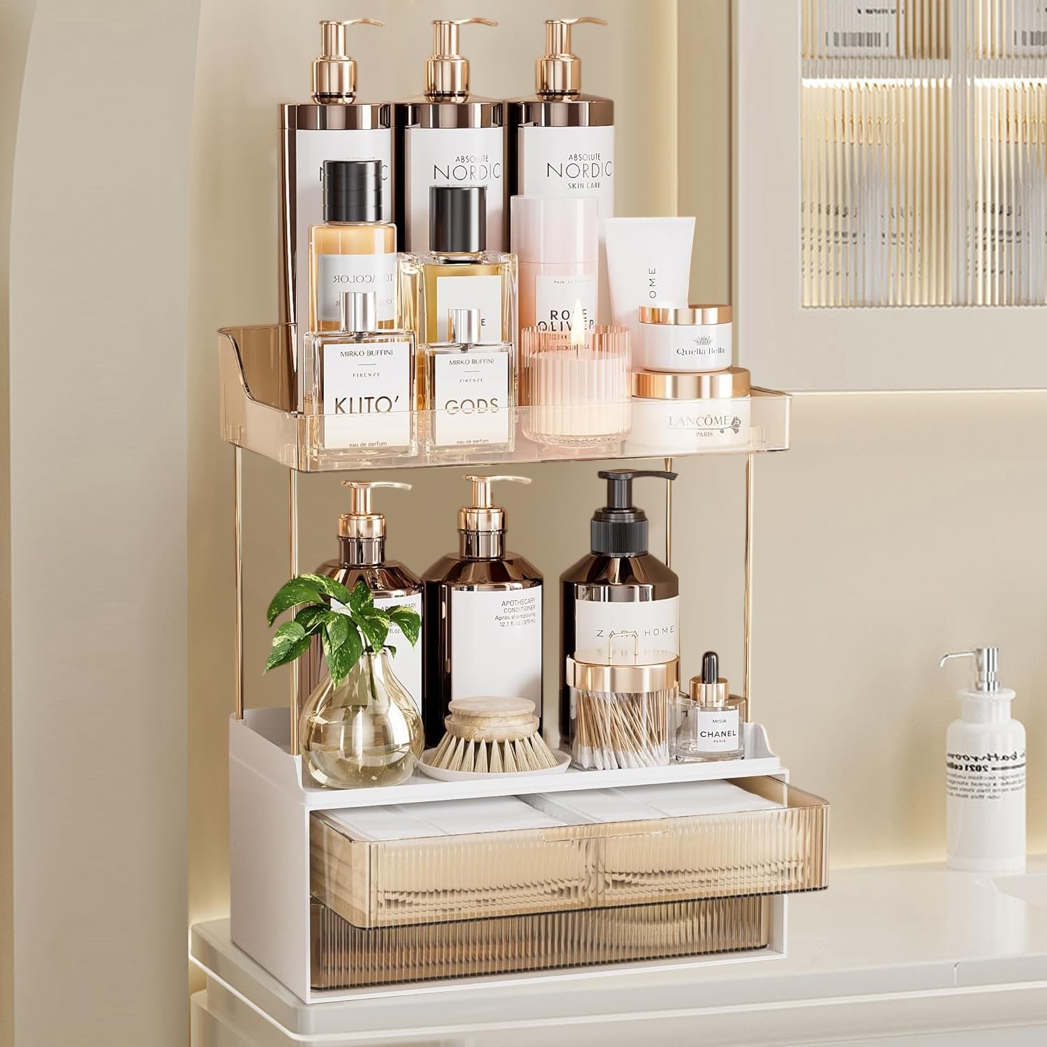 SPNOR Bathroom Counter Organizer 2-Tier 2-Drawer, Multi-Purpose Makeup Organizer Countertop,Large Skincare Organizers, Exquisite Vanity Organizer