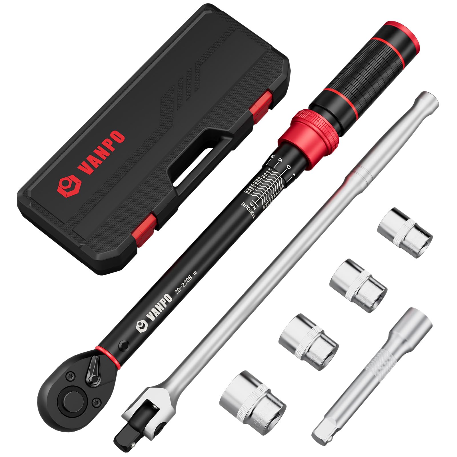 VANPO 1/2 Zoll Drehmomentschlüssel 20-220Nm, 72 Zähne Auto Drehmomentschlüssel Set mit 1/2 Gelenkgriff 380mm, 125mm Verlängerungsstange, 17mm/19mm/21mm/23mm Stecknüsse, Perfekt für Reifenwechsel