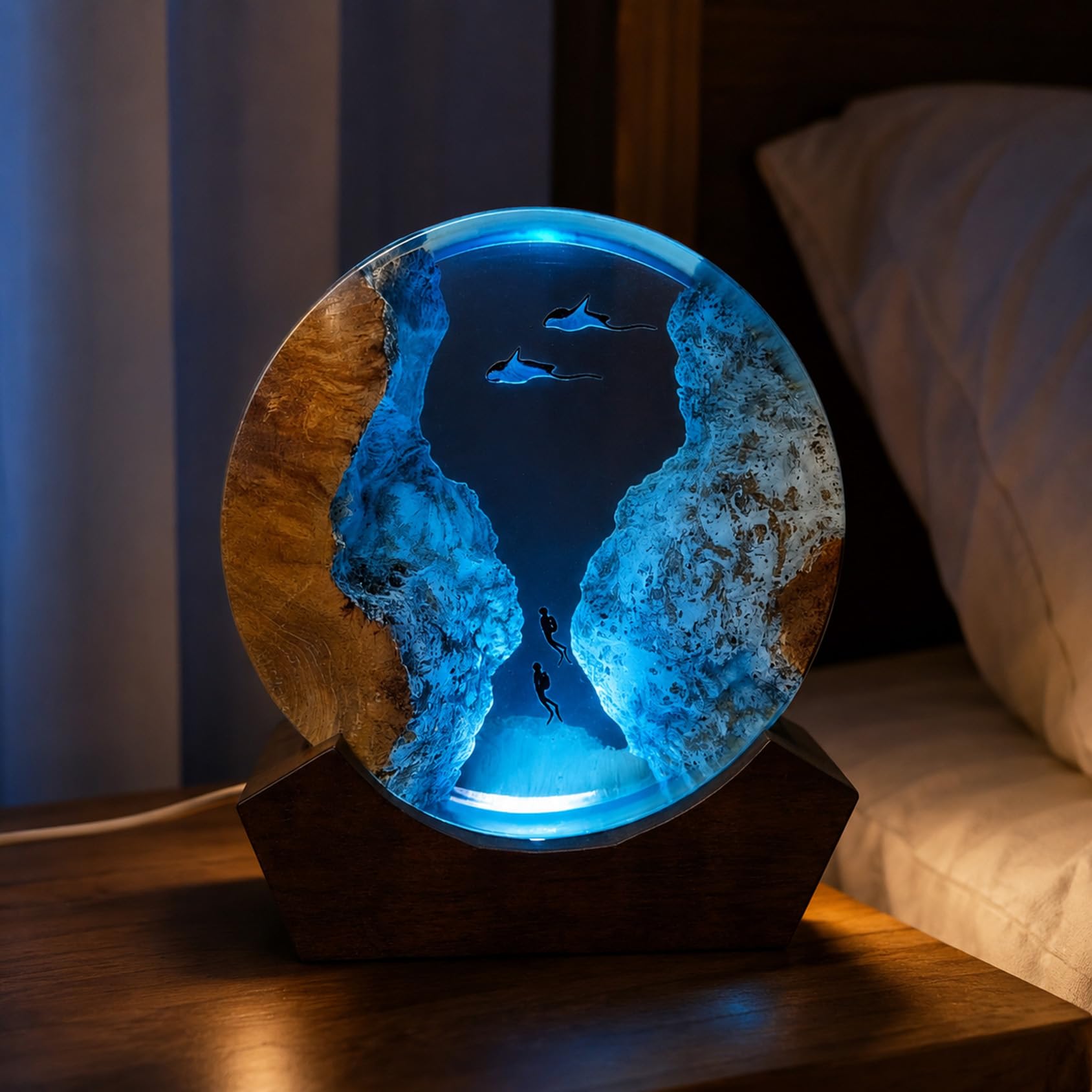 Drawelry 3D Runde Epoxidharz Nachtlicht Ornamente mit Holzsockel Harz Lampe, Kunsthandwerk Weltraum Tiefsee Dschungel Landschaft Tischlampe, Heim Büro Bücherregal Nachttisch Deko (Manta)
