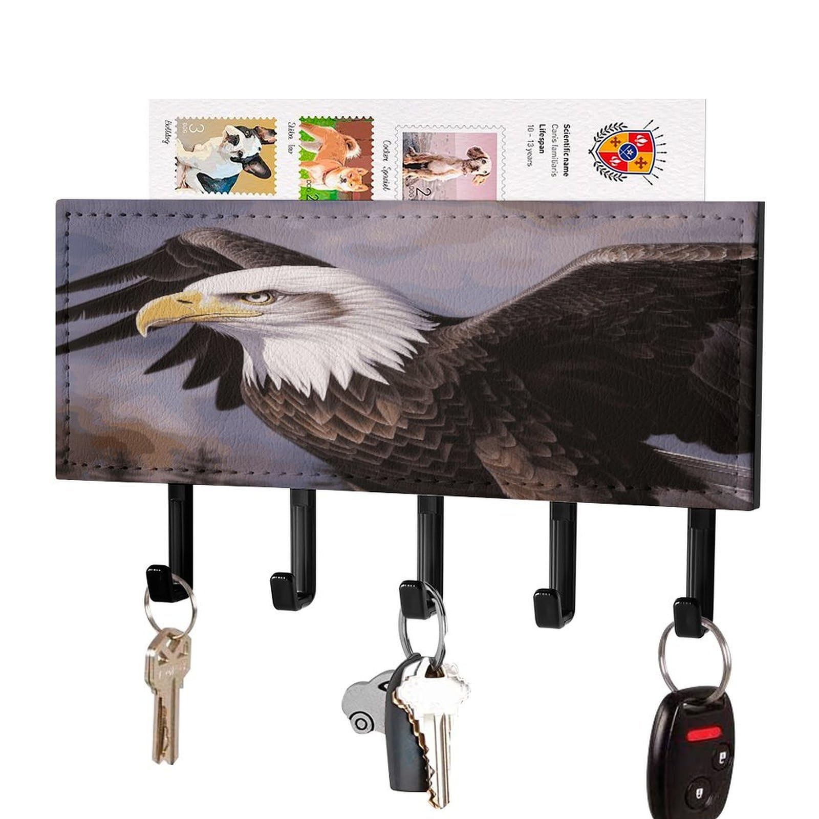 FekiLoot Bald Eagle Key Holder Wall Mount Key and Mail Holder Key Hanger with 5 Hooks Decorative PU Key Rack Hanging Key Hooks for Wall Living Room Kitchen Bathroom Hallway Black-Style