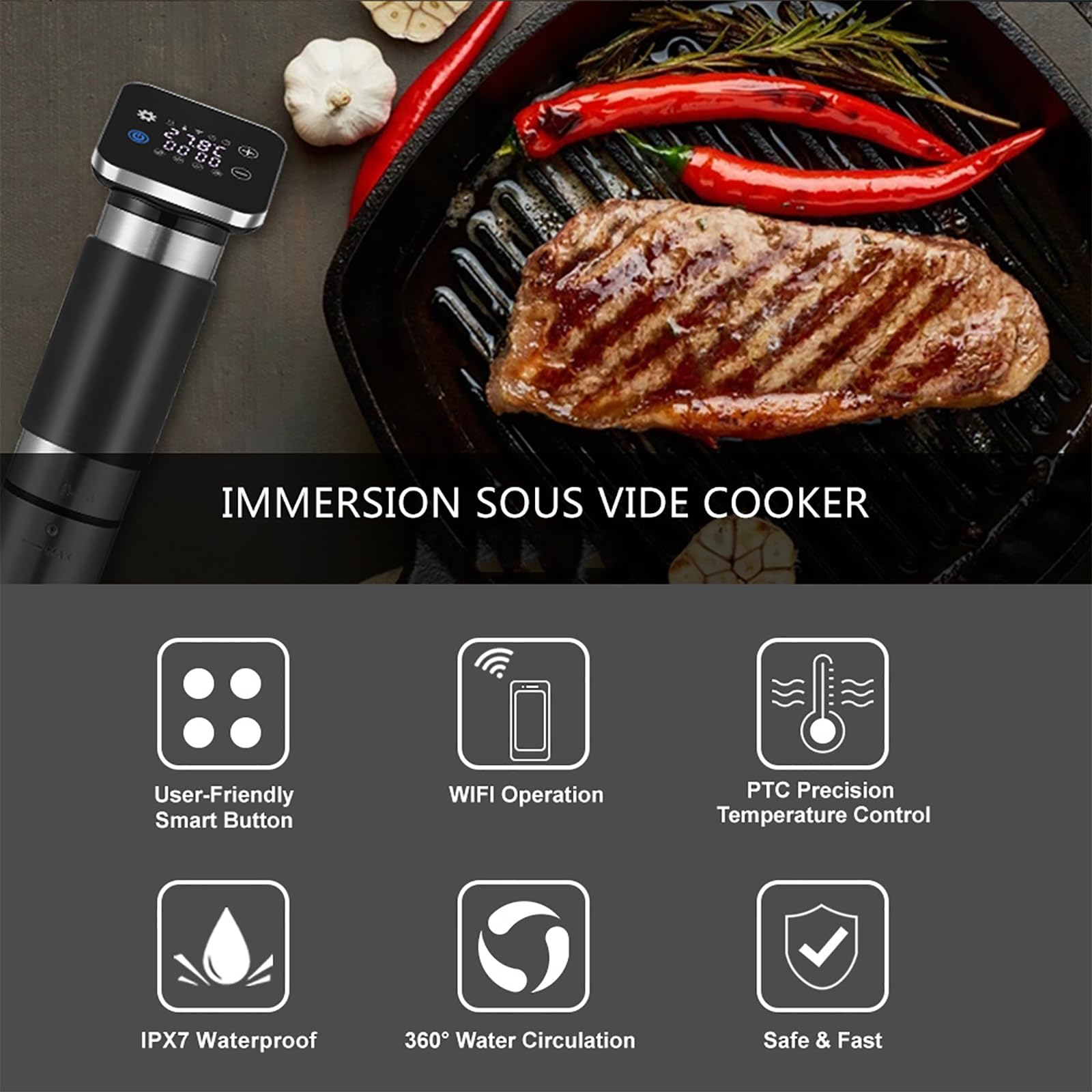 Urządzenie Do Gotowania Metodą Sous Vide O Mocy 1300 W, Urządzenie Do Gotowania Metodą Sous Vide Na Wodzie Z Cyfrowym Timerem, Regulacja Temperatury 0–90°C, Do Steków Wołowych