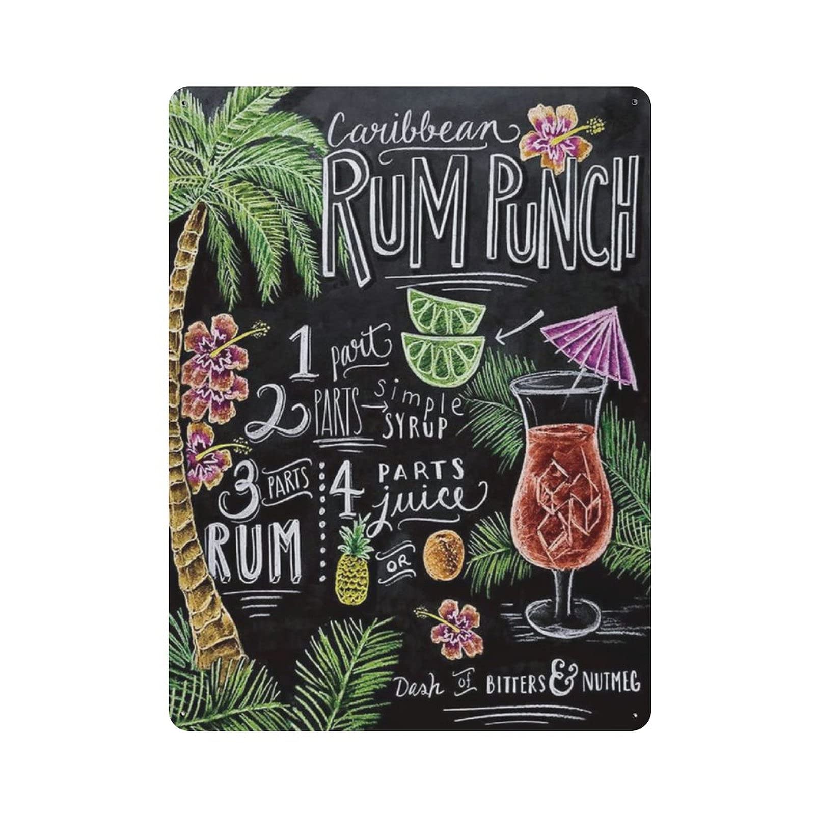 Hdadwy Rum Runch Cocktail Recipe Tin Sign Metal Plaque Art Hanging Iron Painting Retro Home Kitchen Garden Garage Wall Decor 16"x12"