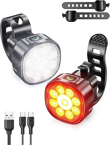 Luces de bicicleta, 6+4 modos de luz recargable tipo C para bicicleta de noche, antideslumbramiento de alto lumen LED luces delanteras y traseras,
