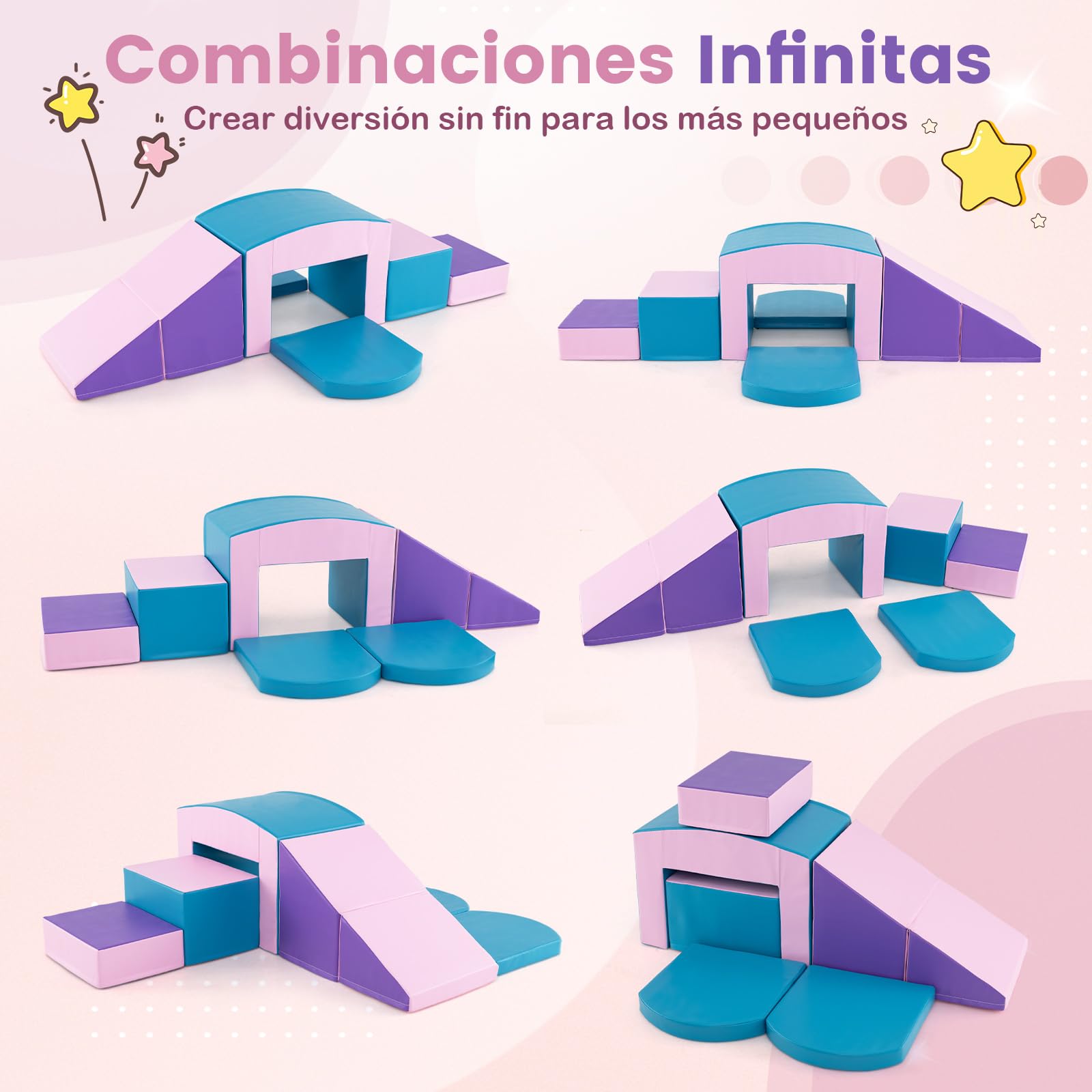 COSTWAY Juego de 6 Bloques de Espuma para Niños de 12 Meses+, Grande, Bloques de psicomotricidad Infantil para Escalar y Gatear, Suave, Soft Play Corner Climber (Rosa y Morado)
