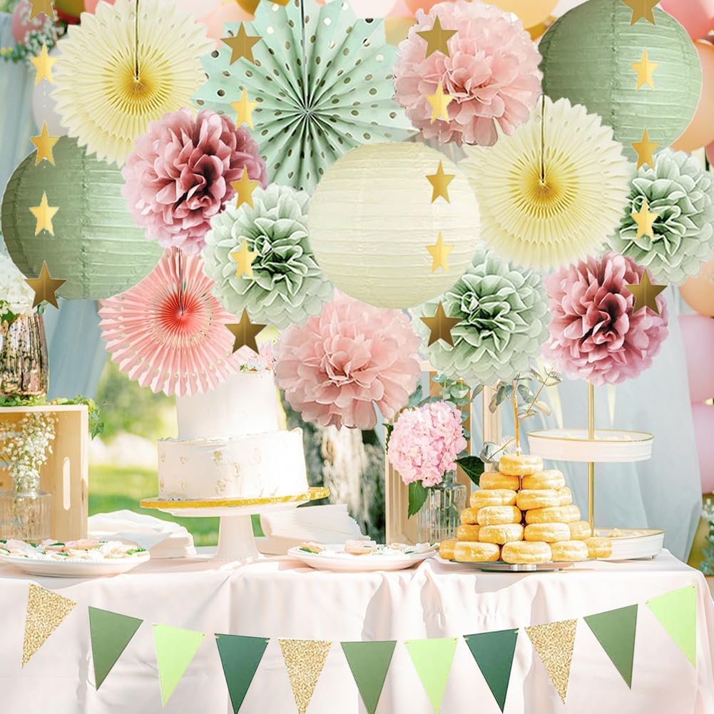 Sage Green and Dusty Pink Party Decorations Pastel Dusty Rose Sage Green and Blush Pink Party Decorations Paper Fans Poms for Boho Bridal Shower Engagement Baby Shower Bachelorette Birthday Wedding