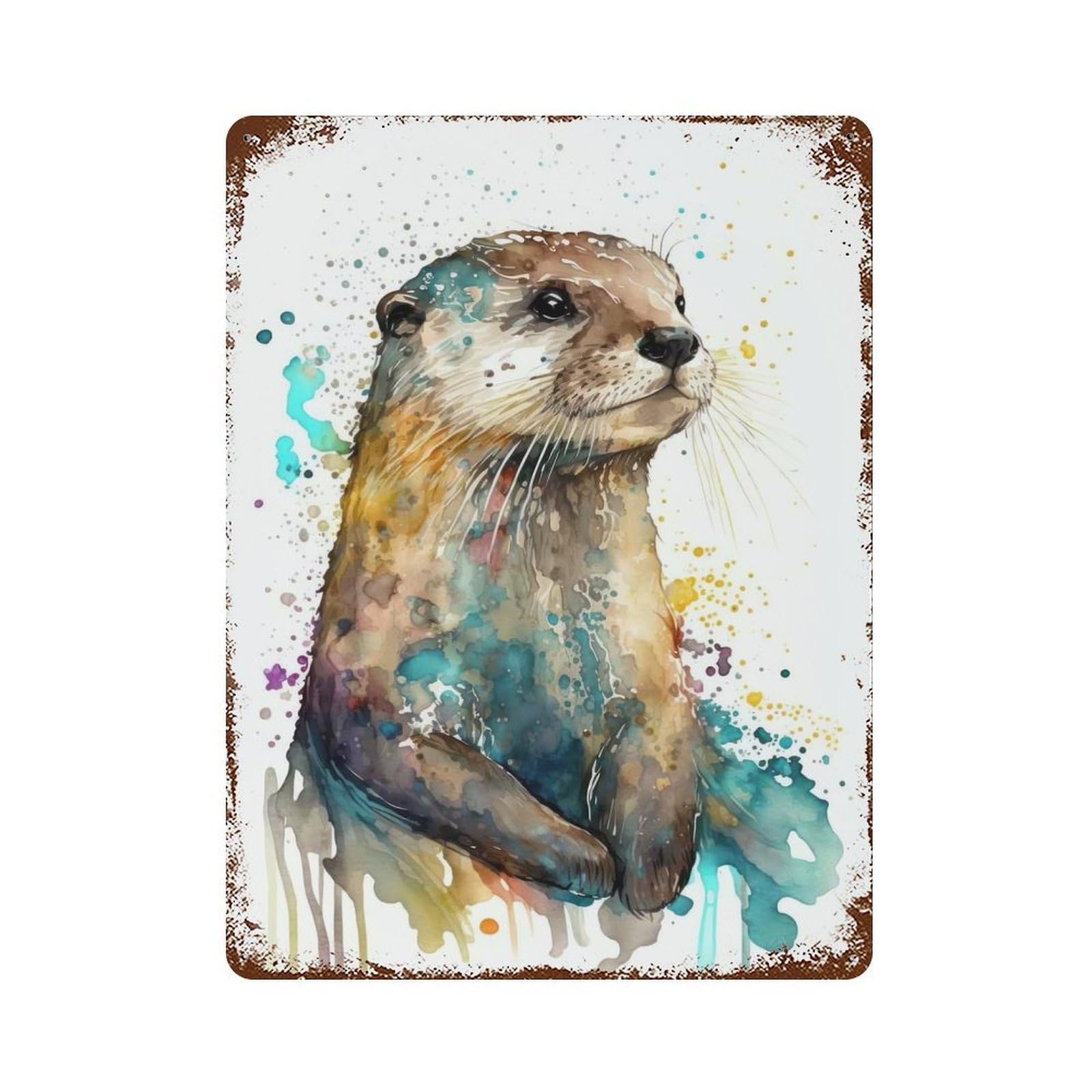 Rust Effect Watercolor Otter Distressed Metal Wall Sign 15.7"x11.8", Farmhouse Wall Decor for Office, Studio And Wall Decor