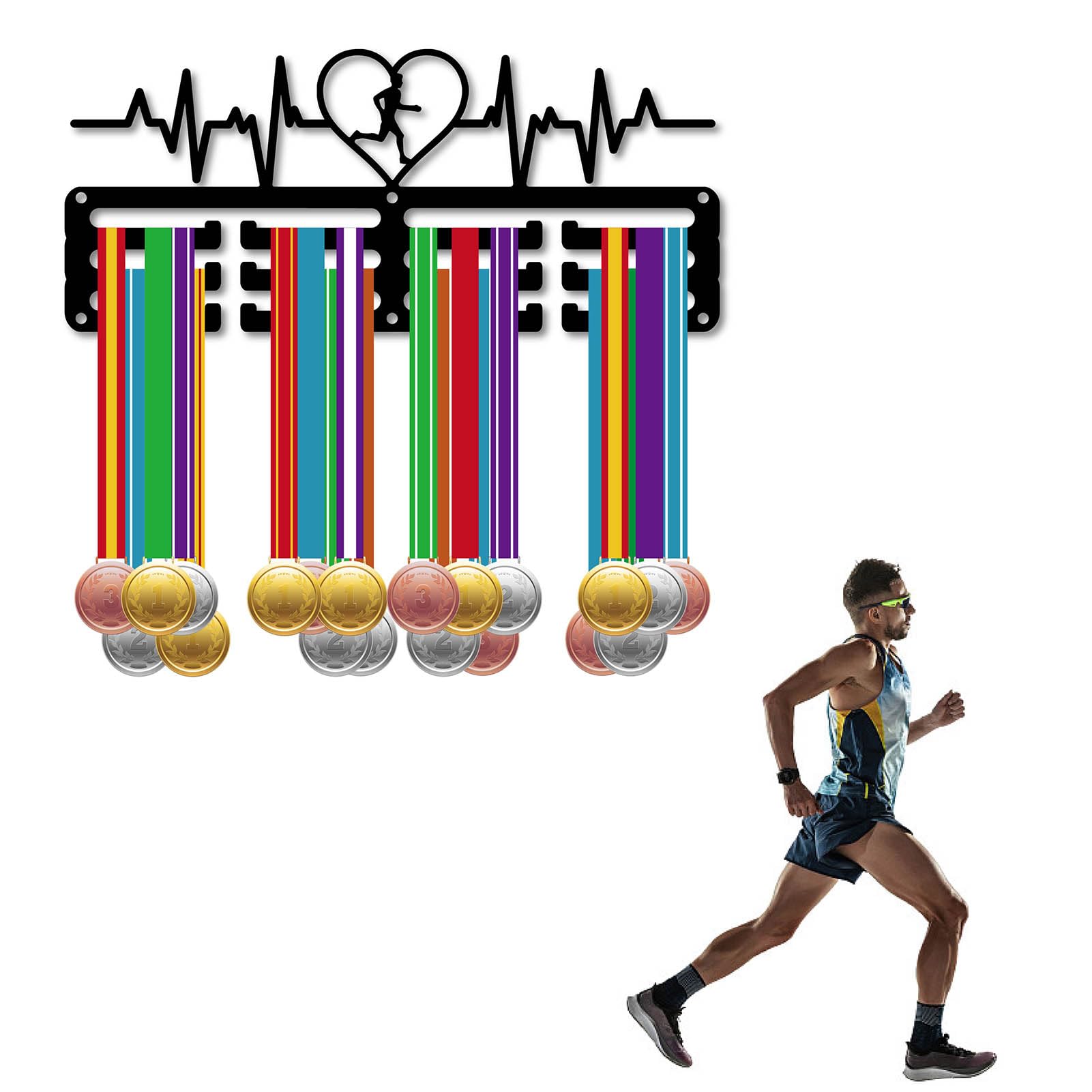 CREATCABIN Porta Medaglie da Corsa Appendiabiti per Medaglie Espositore Sport Metallo Premi da Appendere Ferro Supporto Piccolo Battito Cardiaco Decorazione Premi per Parete Casa Badge Gara 29x12.5cm