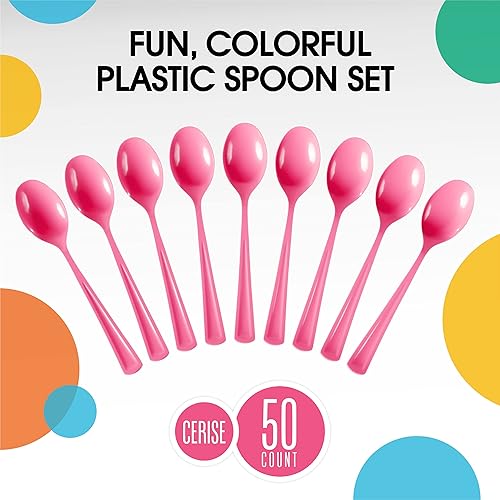 Miniatura 3 de Cerise - Cucharas de plástico de 50 piezas, cucharas de cereza, utensilios desechables, juego de cubiertos de plástico resistente, juegos de