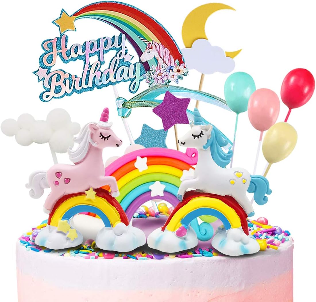 MOVINPE Unicorn Cake Topper, 2 Magic Unicorns Sculpture, 1 Rainbow, 1 Happy Birthday Banner, 2 Cloud, 4 Balloon, 12 Stars, 1 Moon, Cake Decoration For Girl Kid Women Birthday Party