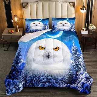 Feelyou Cute Owl Comforter White Bird Comforter Set for Kids Boys Girls Moon Stars Snow Trees Bedding Set Wild Animal Printed Duvet Set Blue Room Decor Twin Size Quilt 2Pcs Boys