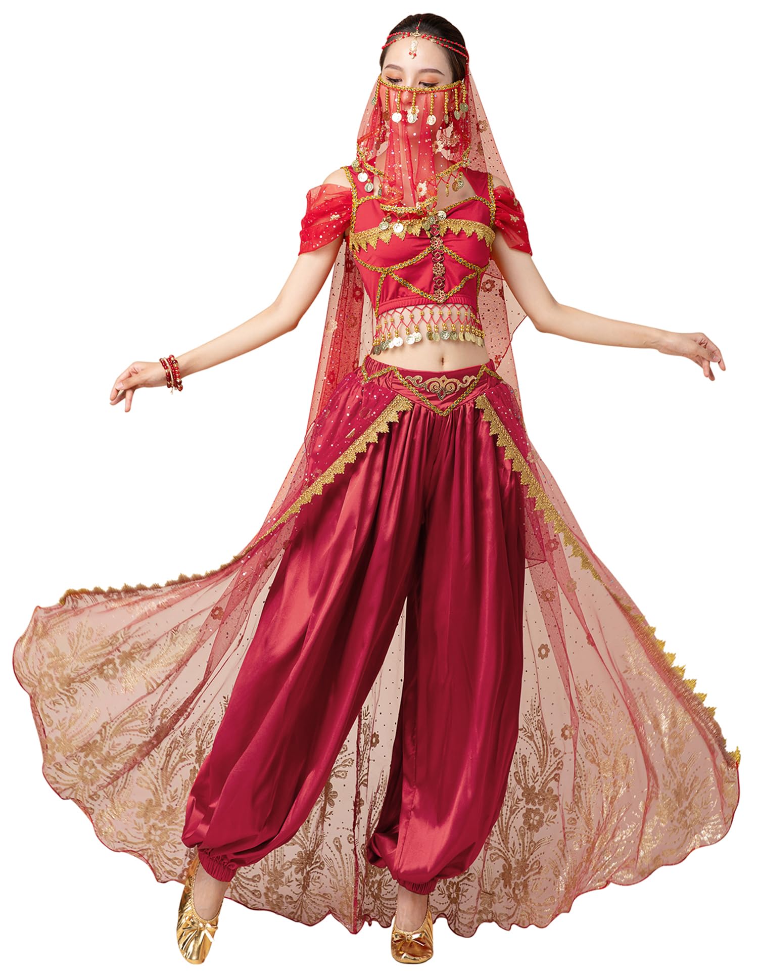 ELLYDOOR Arabian Jasmine Costume for Women Adult Princess Dress Up Halloween Belly Dance Top Pants 4 Piece Outfit Tag S, Wine Red