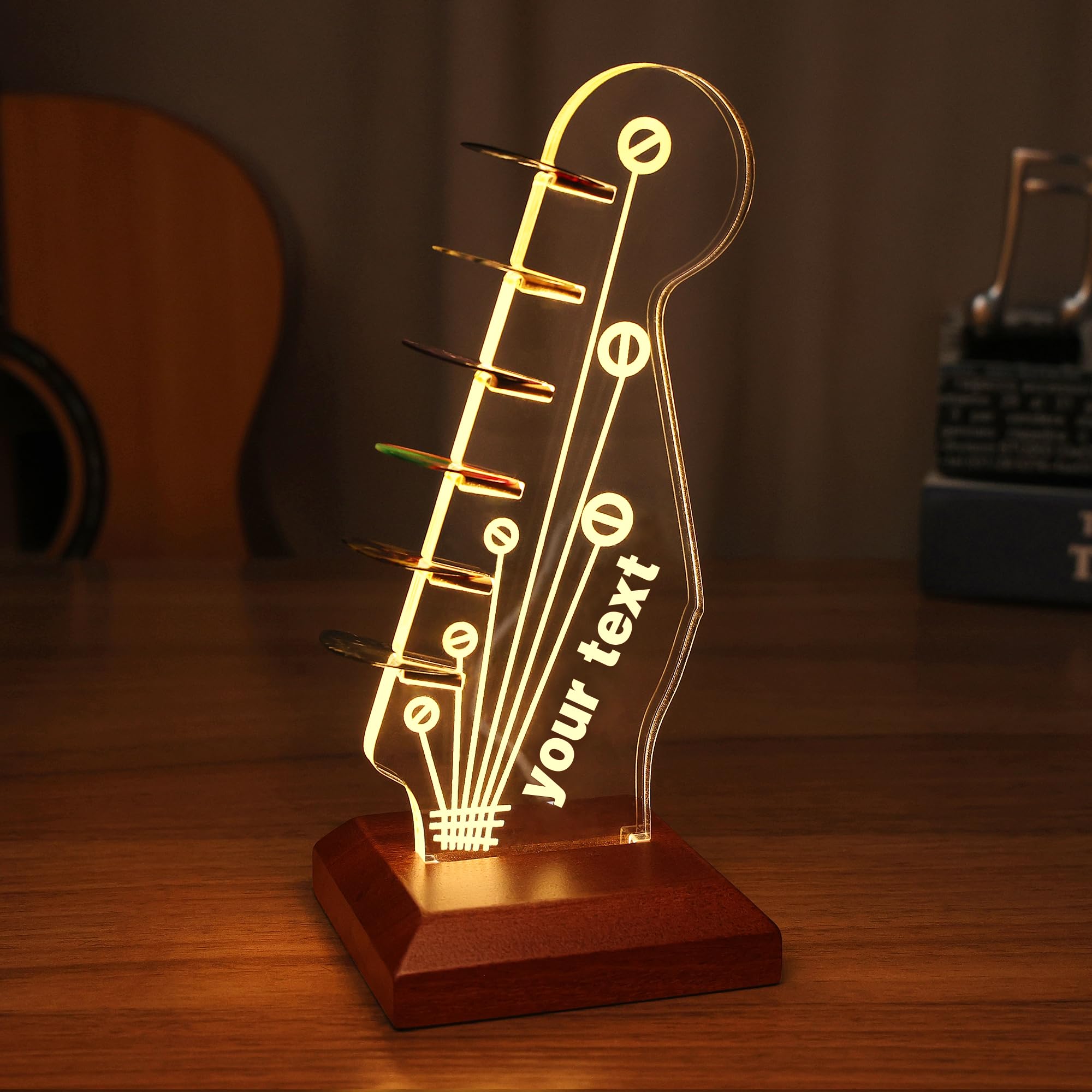 Lampeez Light Up Guitar Pick Holder, Acrylic Electric Guitar Pick Holder with Wooden Base for Picks Storage and Display, Guitar Accessories Gift for Guitar Players Guitarists (text customized)