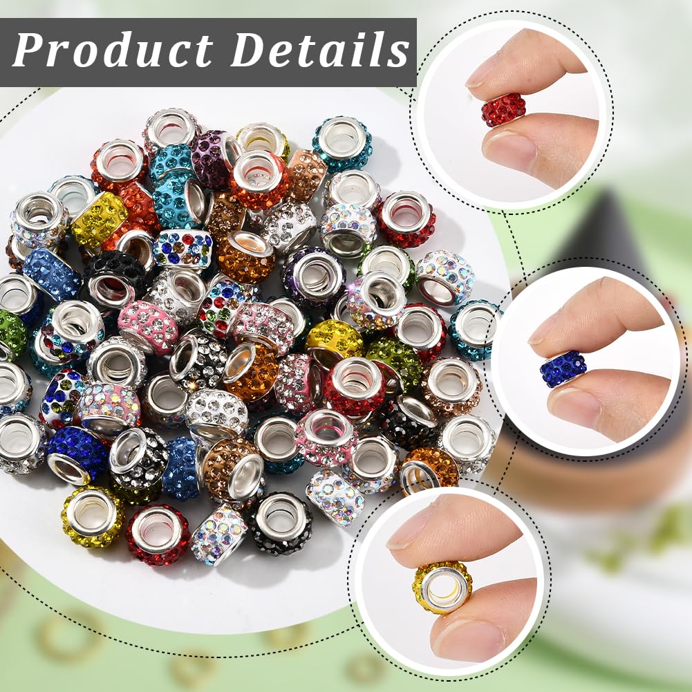 PONABEADIY 1 Box 12MM 80PCS Large Hole Rhinestone Spacer Beads Sparkly Big Holes European Rondelle Colourful Charms Loose Bead Bulk for Jewellery Making Bracelets Beadable Pens Hair Braids DIY Crafts - Image 4