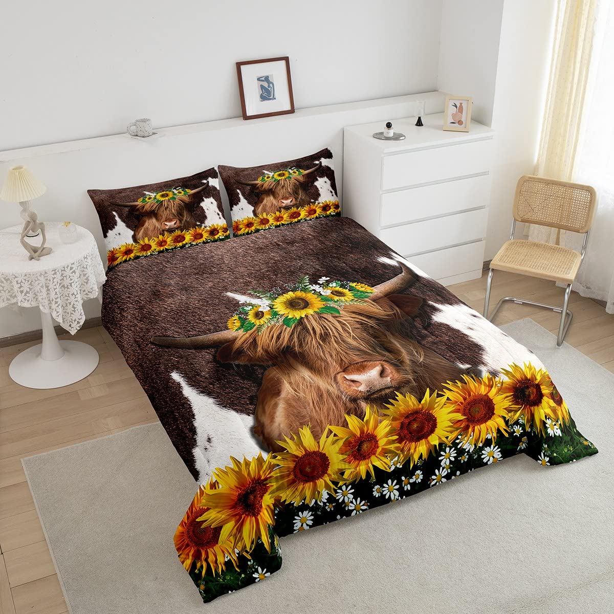 Sunflower HighlCow Comforter Brown Cow Fur Bull Cattle Comforter Set Farmhouse Bedding Set for Kids Boys Girls Western Farm Animal Skin Duvet Set Room Decor Quilt Full Size