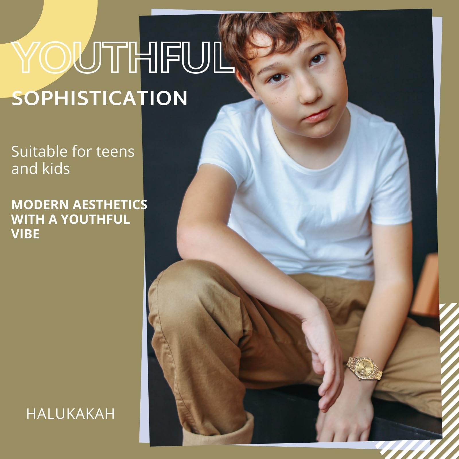 HALUKAKAH Reloj de Oro con Diamantes para Niños,Adolescentes,Chicos - Chapado en Oro 18K/Platino,Esfera Redonda 42mm,Cuarzo Japonés - Longitud 20cm,con Herramienta de Ajuste - para Cumpleaños,Fiestas
