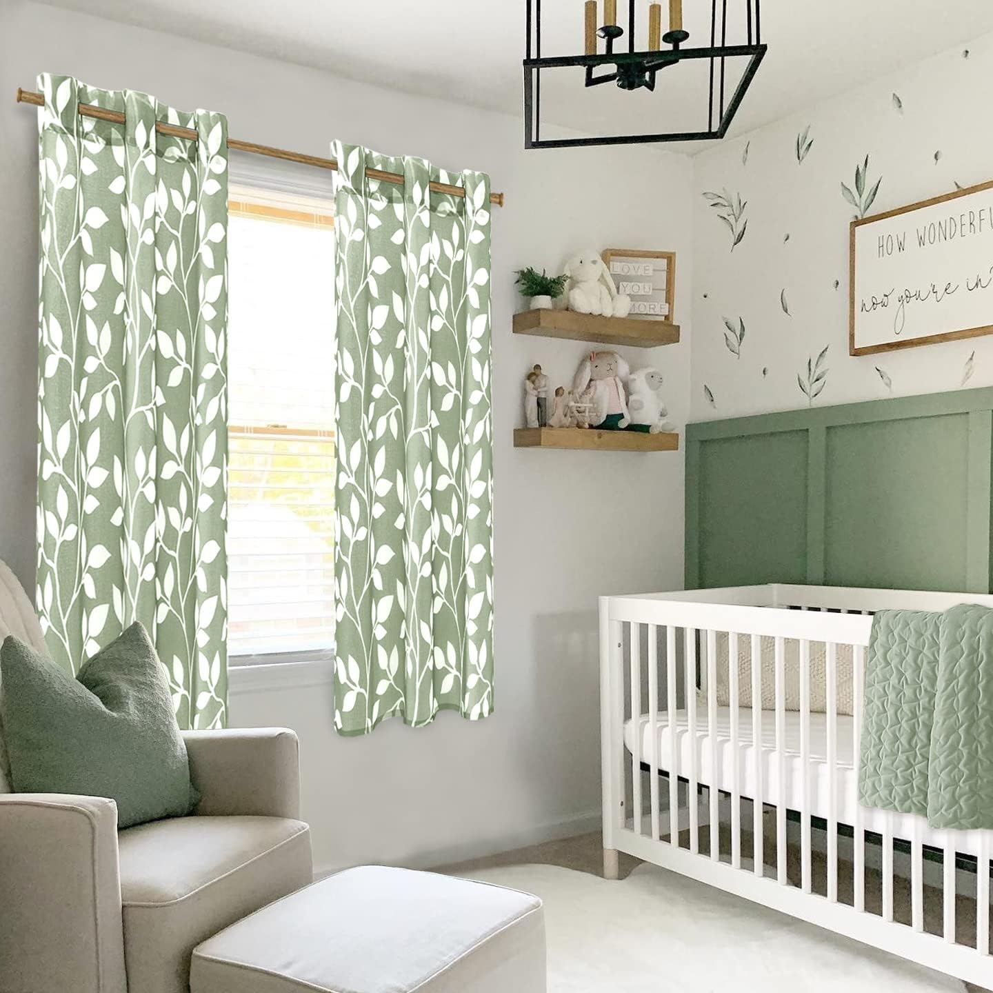 XTMYI Sage Green Botanical Leaf Sheer Curtains 72 Inch Long, Neutral Green Nature Boho Cute Window Panel for Nursery, Baby Room