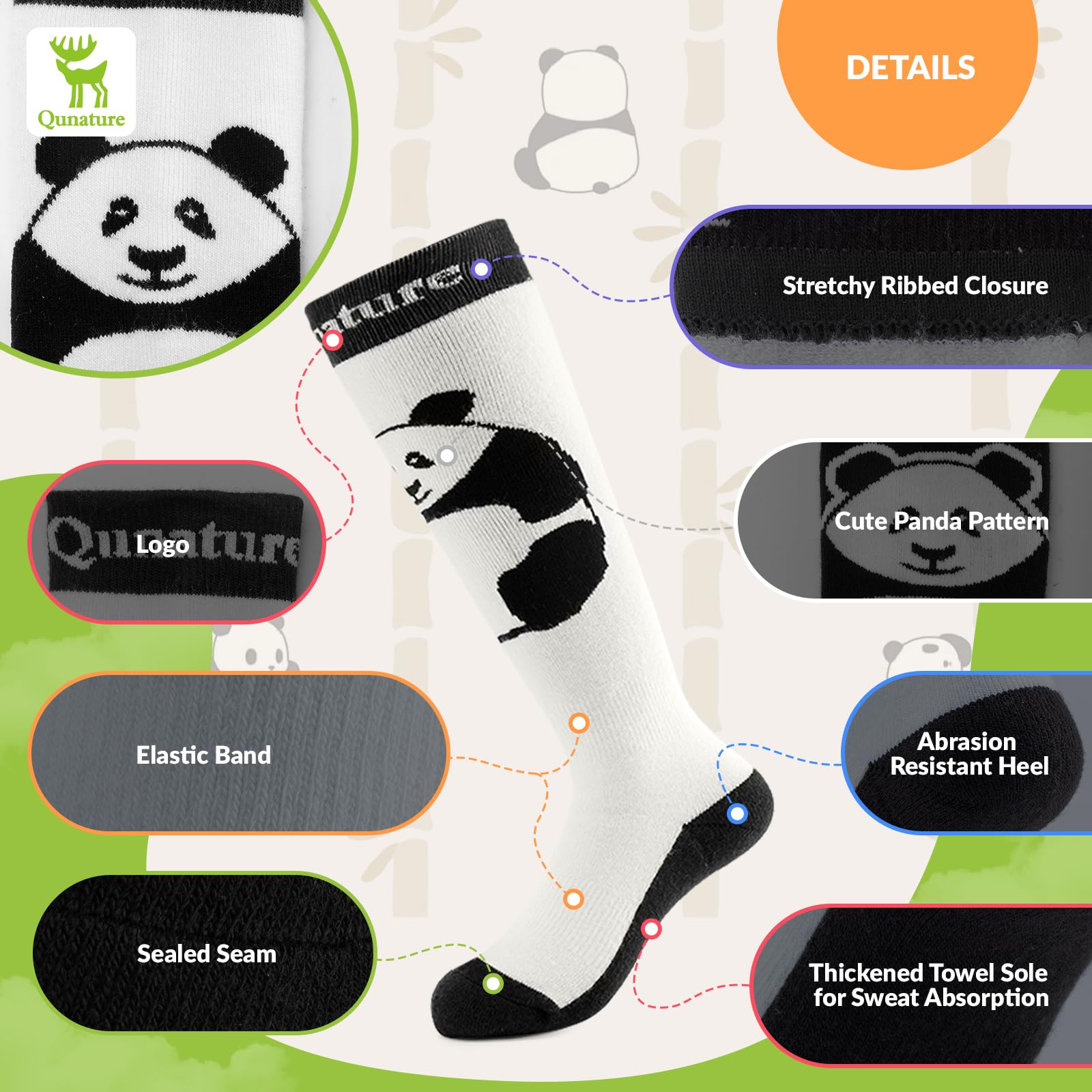 Chaussettes Ski Enfant Fille Garçon Épais Panda Motif Haut Chaussettes Mollet Intérieur Hiver Laine Thermique Chaud Anti-Choc Ergonomique Snowboard Patinage Cyclisme