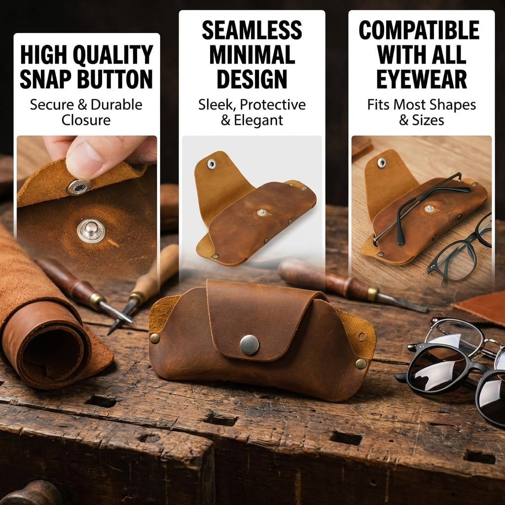 Toprank Leather Eyeglass Case - Handmade Slim Sunglasses Holder, Genuine and Universal Fit for Men and Women