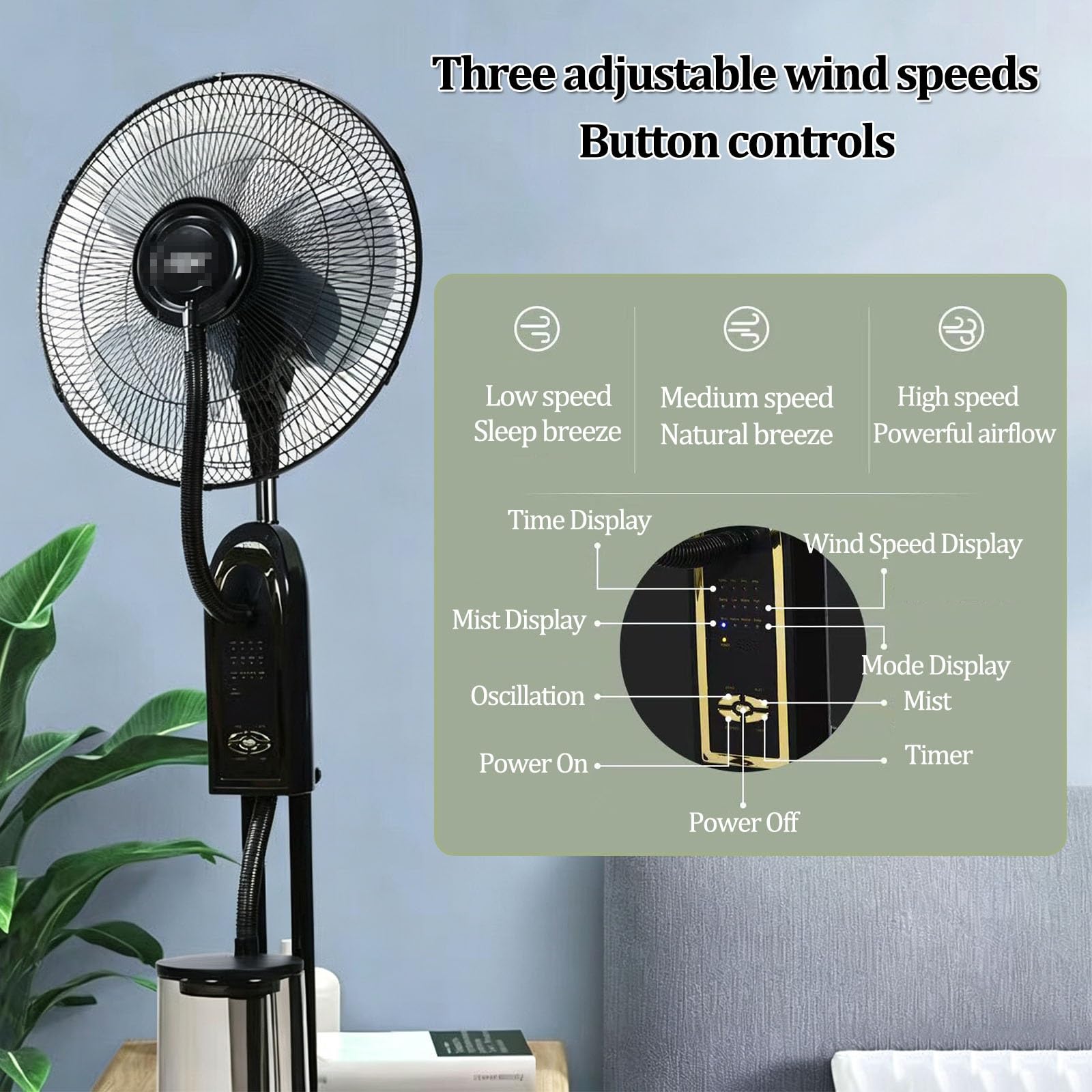 Ventilatore a piantana con nebulizzatore da 16 pollici | Con serbatoio dell'acqua da 4 L, timer da 7,5 ore, 3 velocità del vento, telecomando e pannello di controllo(A)
