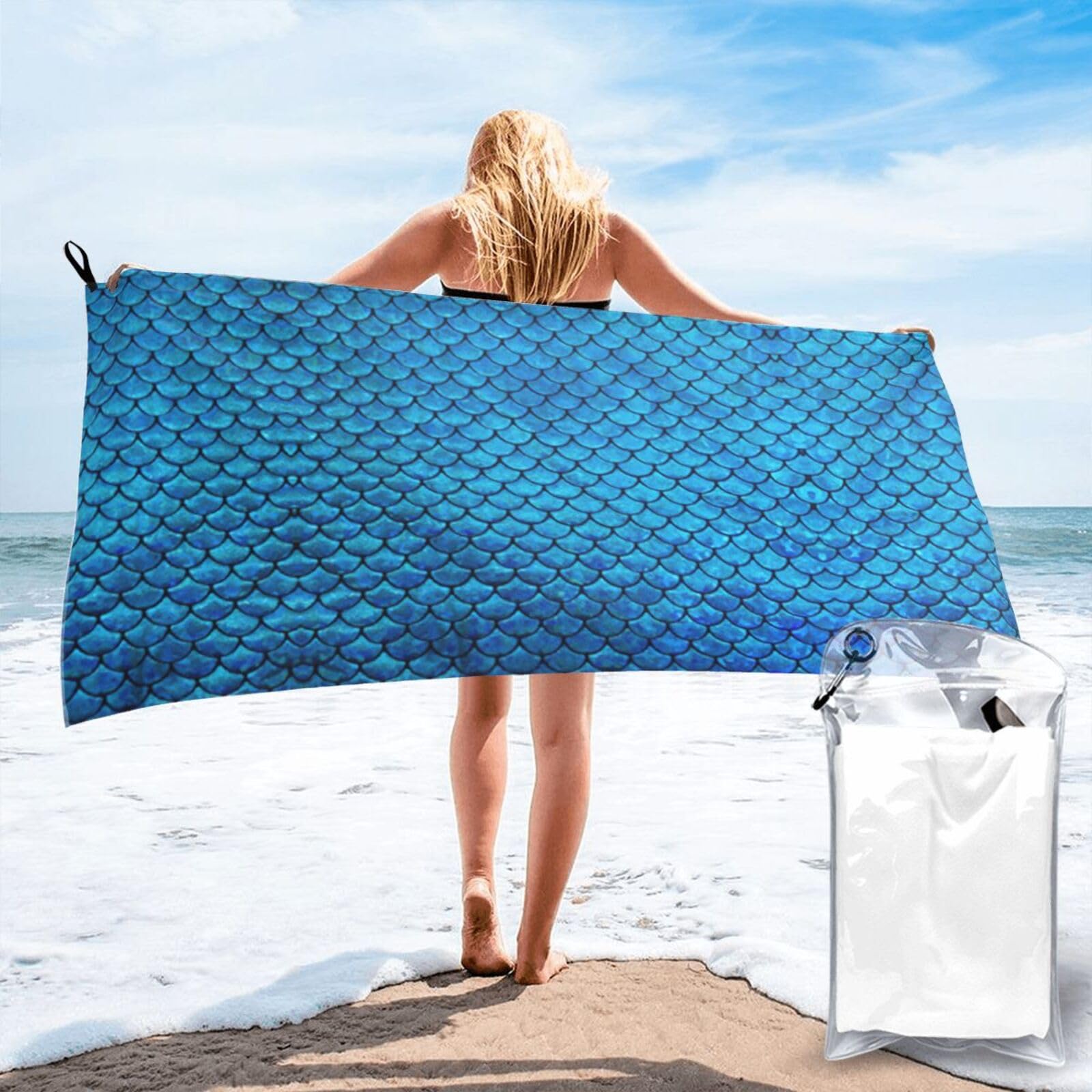 VCzsdff Blue Fish Scale Print Quick Dry Towel Compact Beach Shower Wrap For Camping Fitness