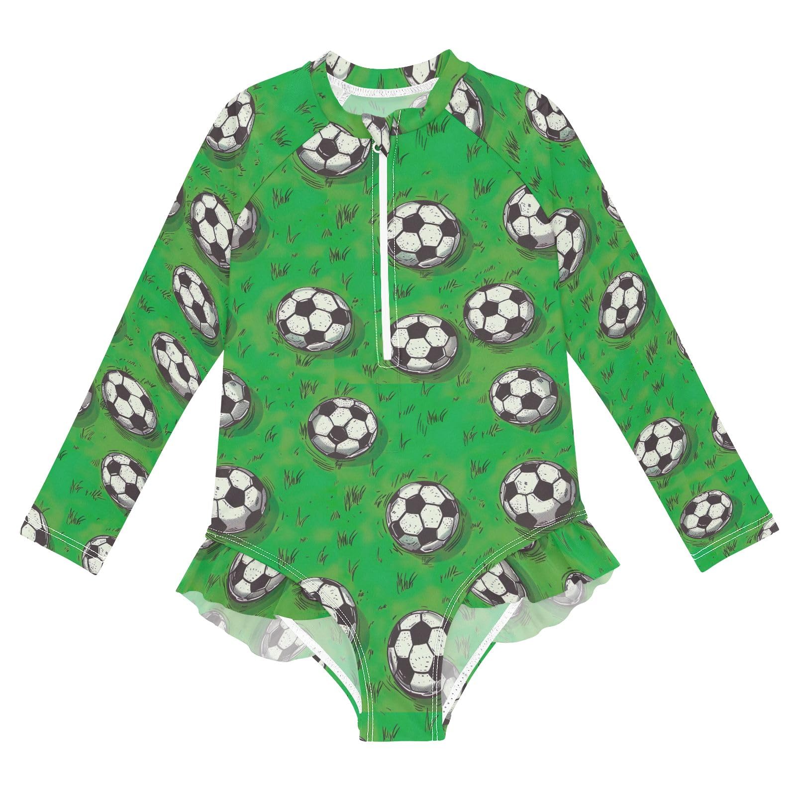Long Sleeve One Piece Girls Swimsuit Soccer Balls Green Field Rash Guard Sun Protection Bathing Suits for Kids Swimwear Beach, Size 7-8